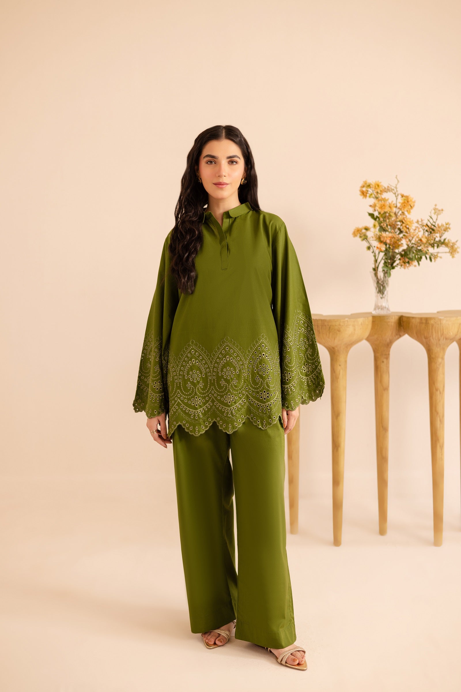 Schiffli Embroidered Co-Ord - 1157-O.GRN