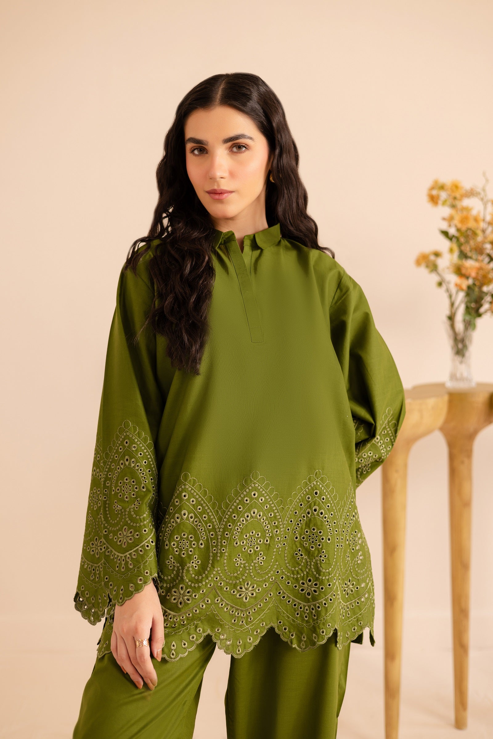 Schiffli Embroidered Co-Ord - 1157-O.GRN