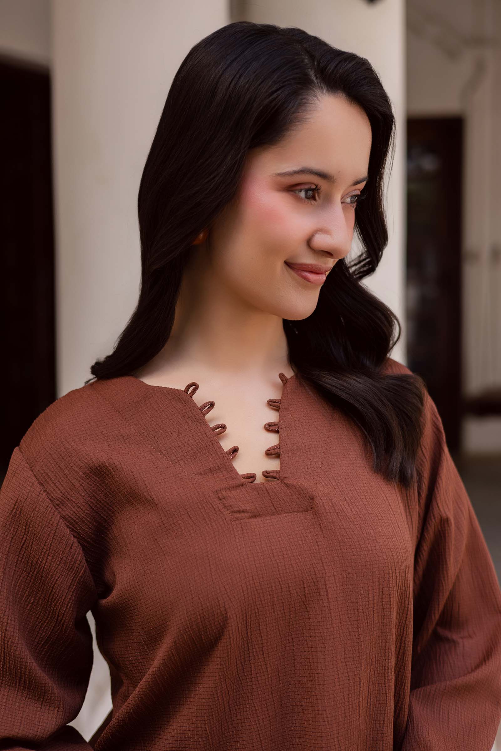 2PC Textured Dress-SB-Chocolate Brown