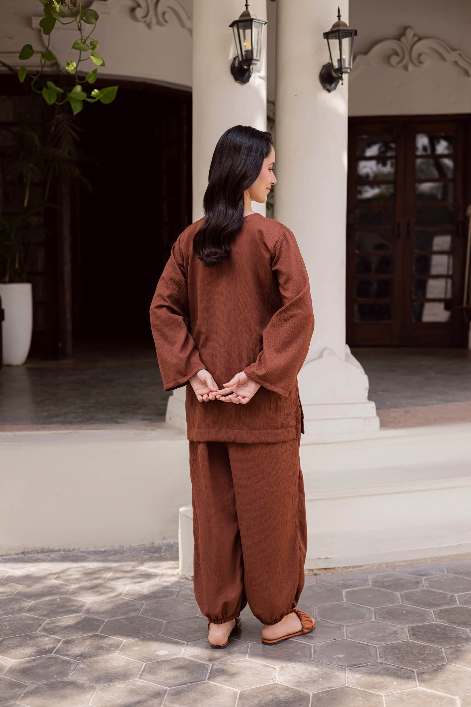 2PC Textured Dress-SB-Chocolate Brown