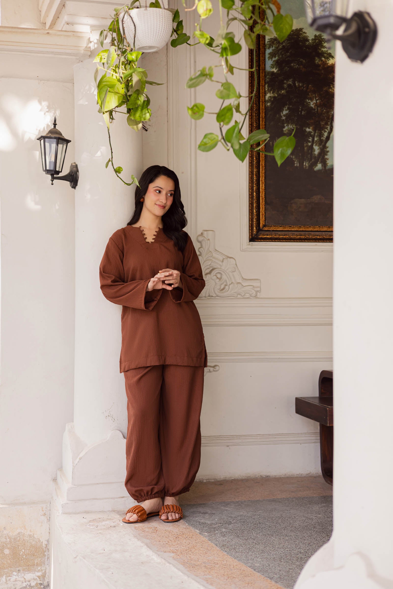 2PC Textured Dress-SB-Chocolate Brown
