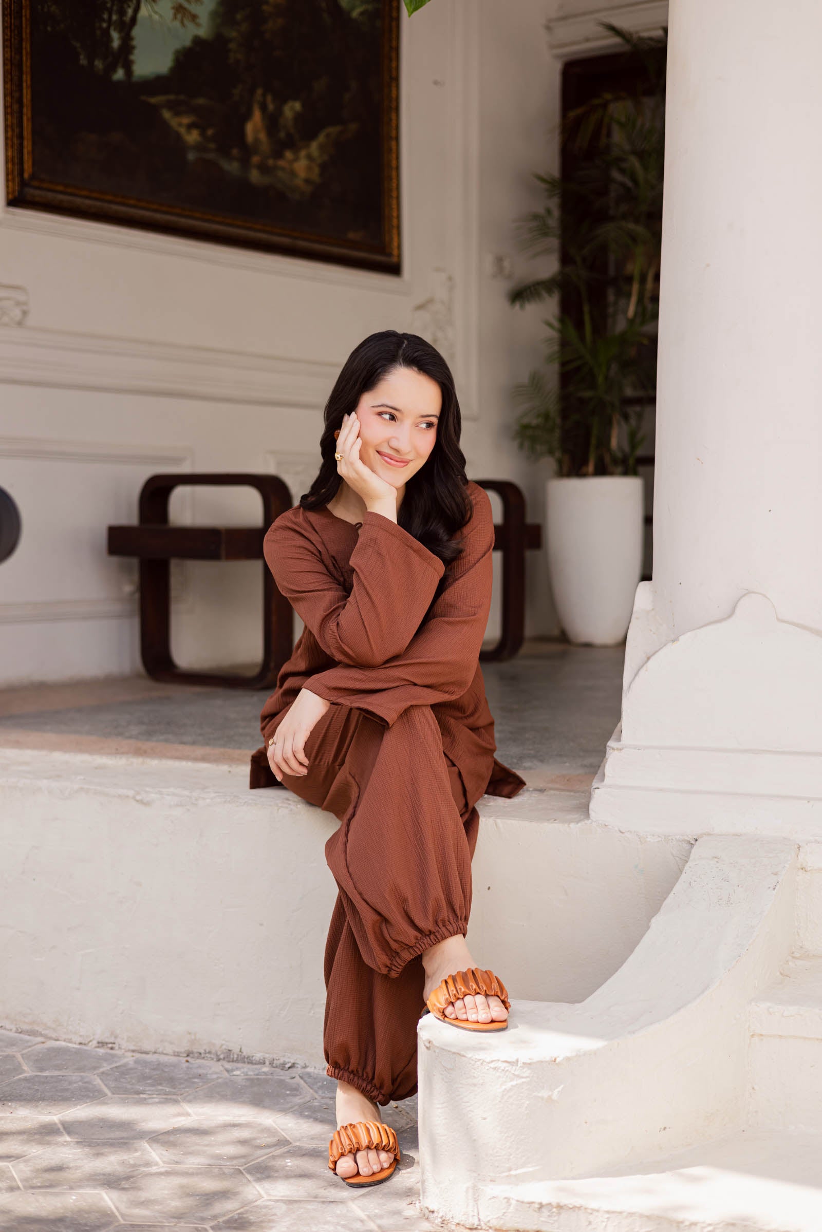 2PC Textured Dress-SB-Chocolate Brown
