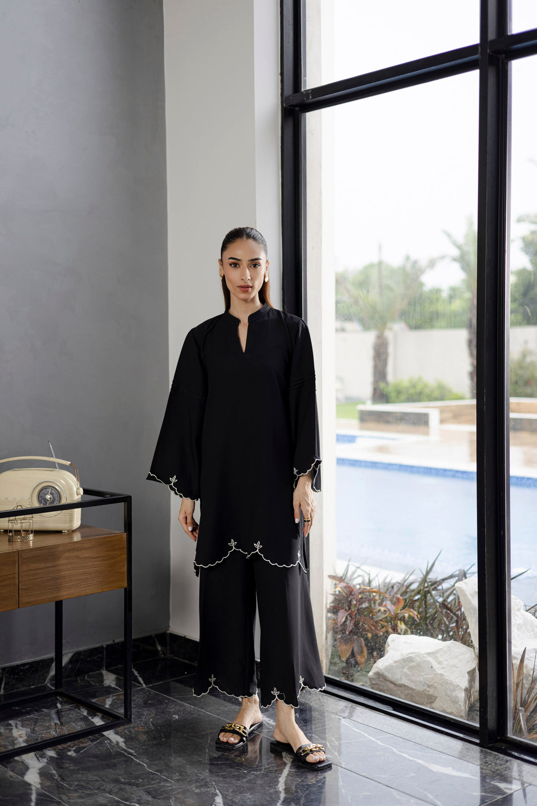 Embroidered Solid 2PC Dress - SP-04 Black