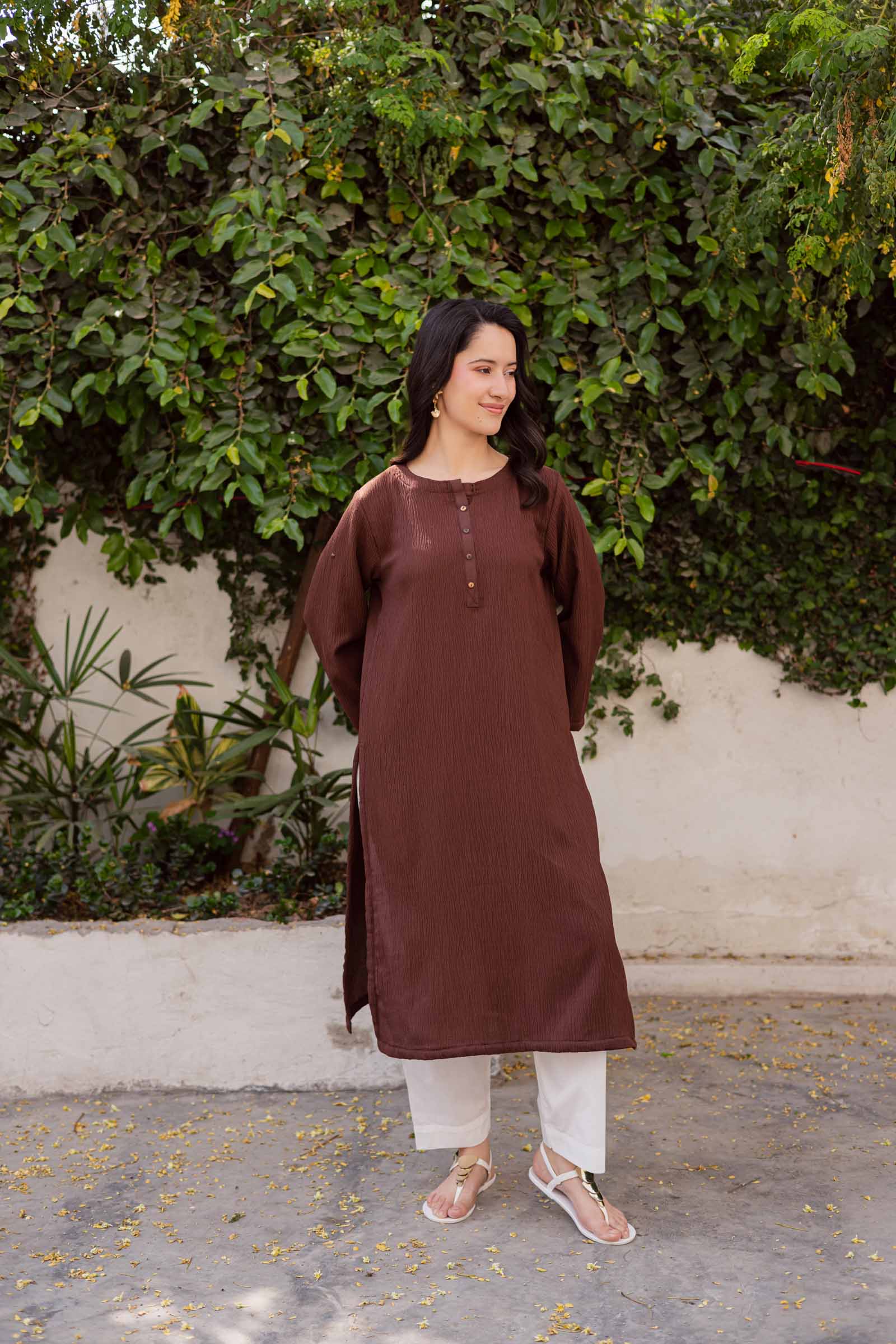 1PC Textured Kurta-Dark Brown