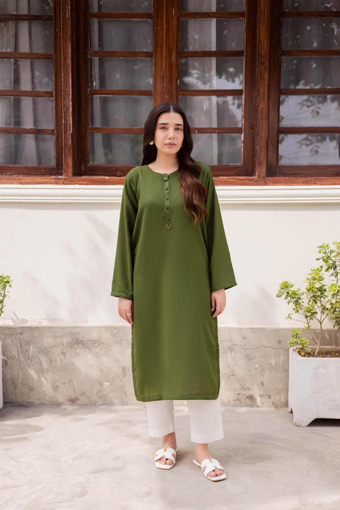 1PC Textured Kurta-Olive Green