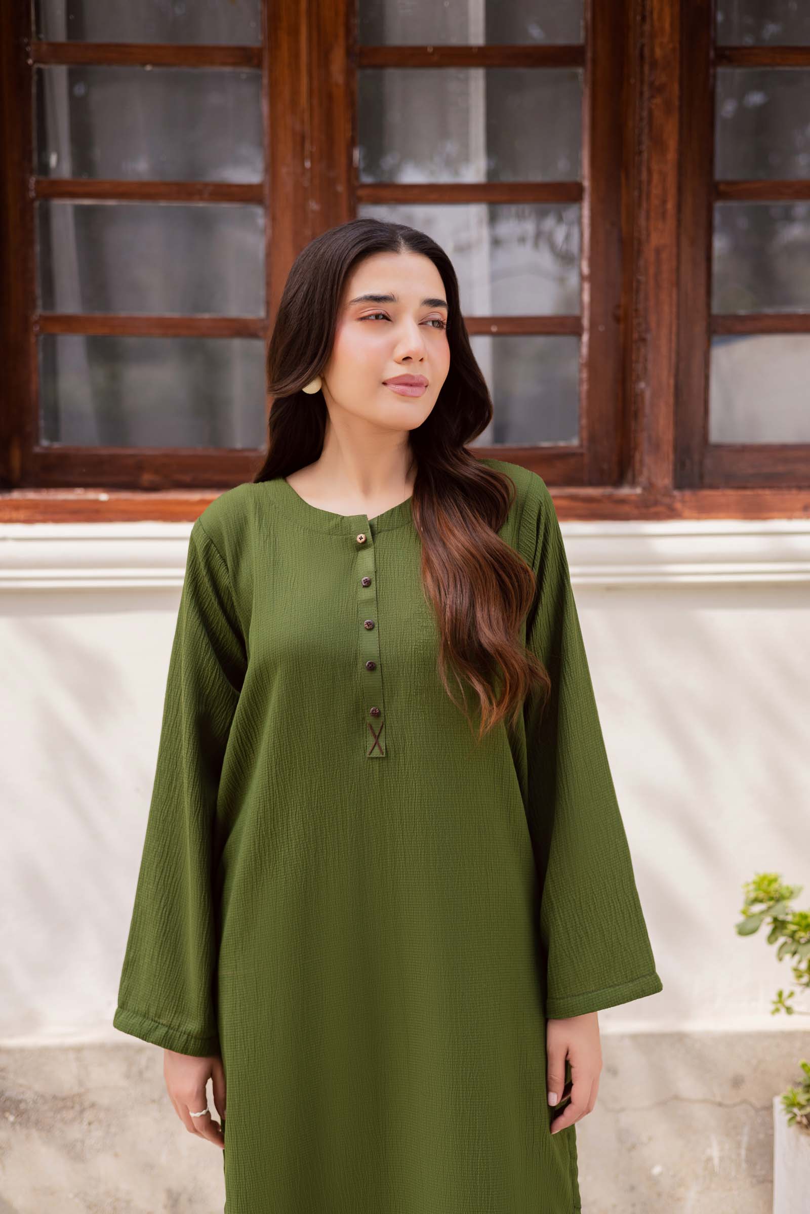1PC Textured Kurta-Olive Green