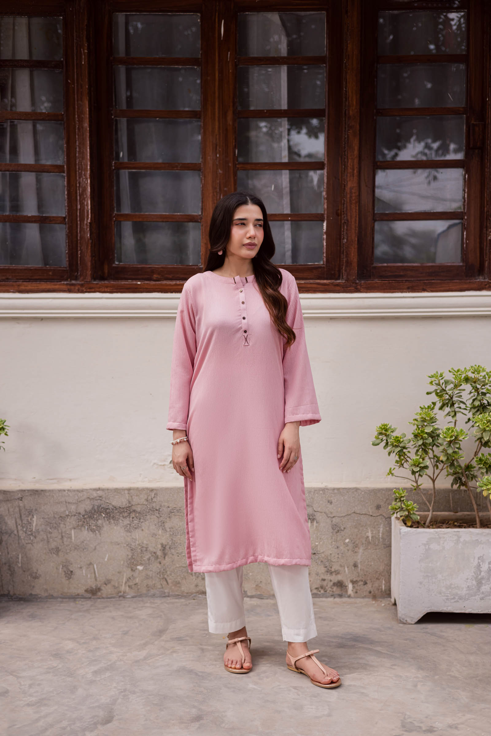 1PC Textured Kurta-Powder Pink