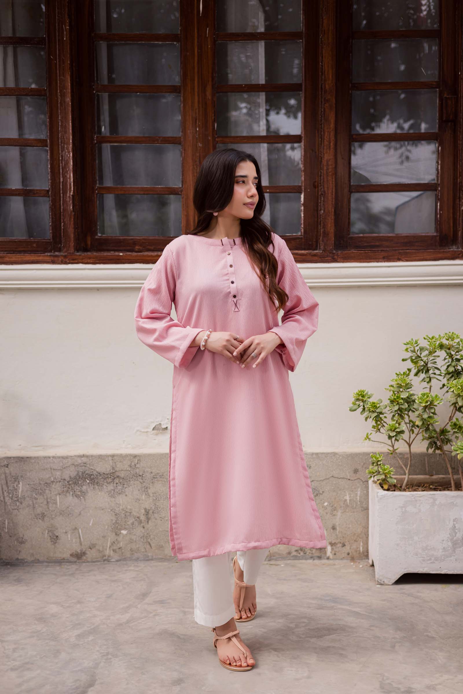 1PC Textured Kurta-Powder Pink