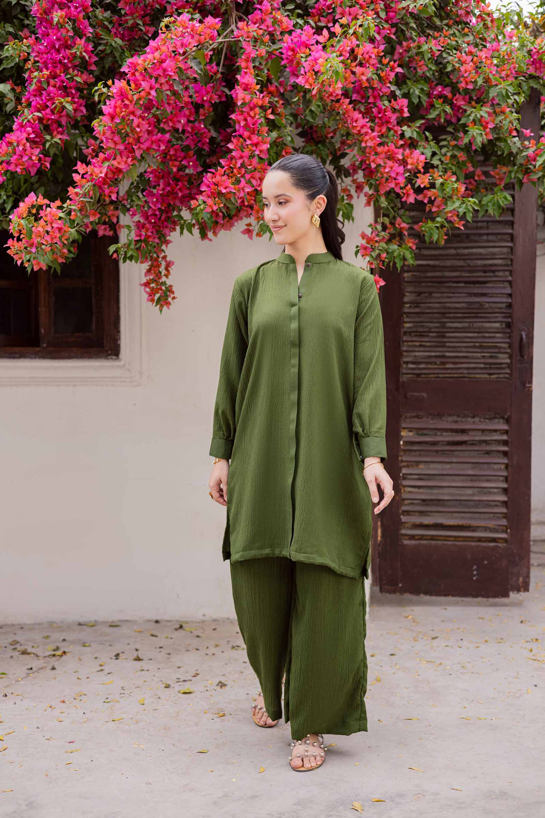 2PC Textured Dress-SP-Olive Green