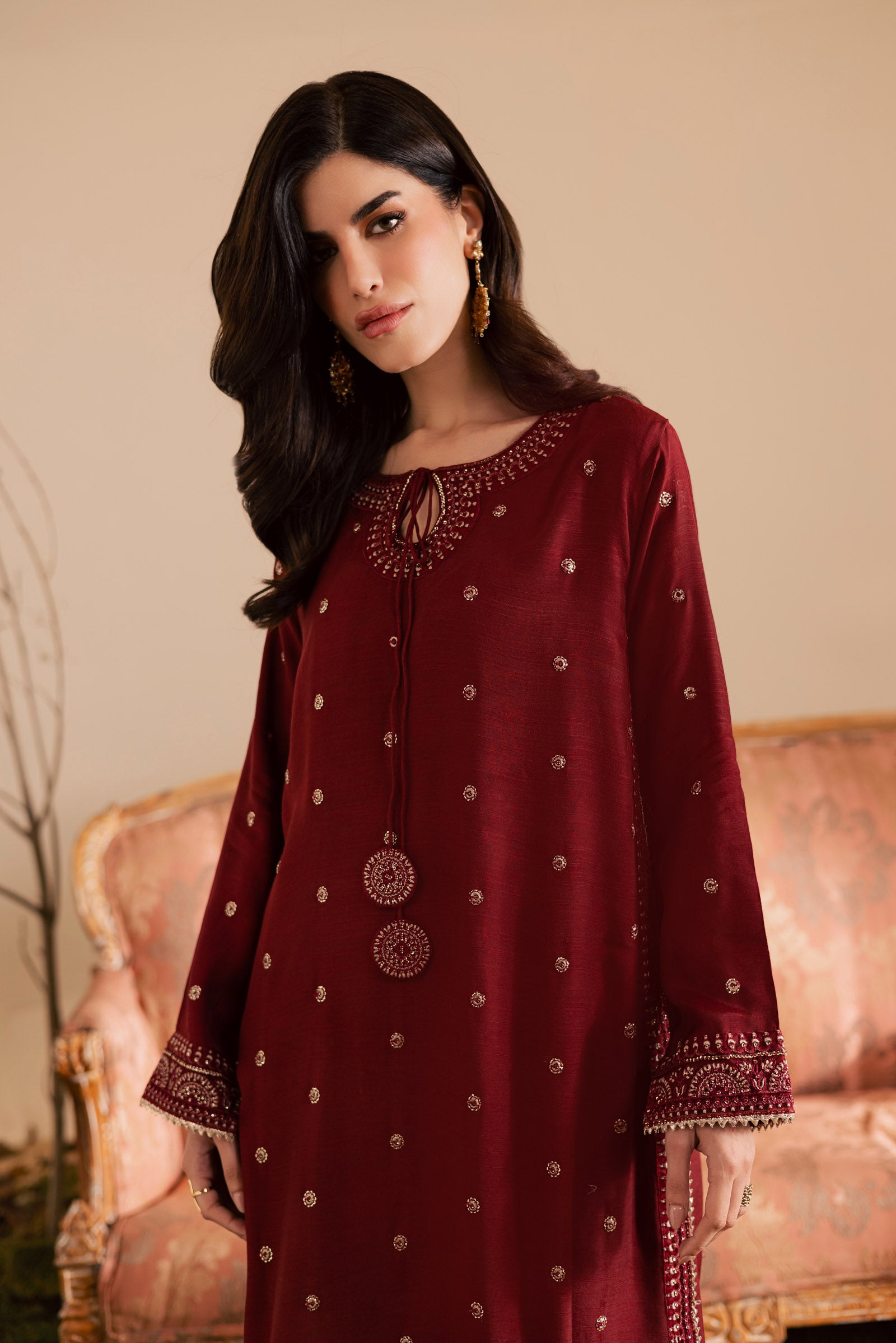 2PC Embroidered Raw Silk - Maroon