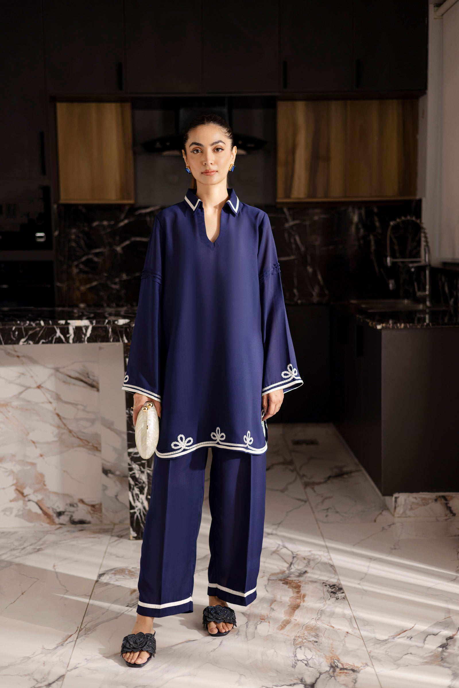 Embroidered Solid 2PC Dress - SP-06 Denim