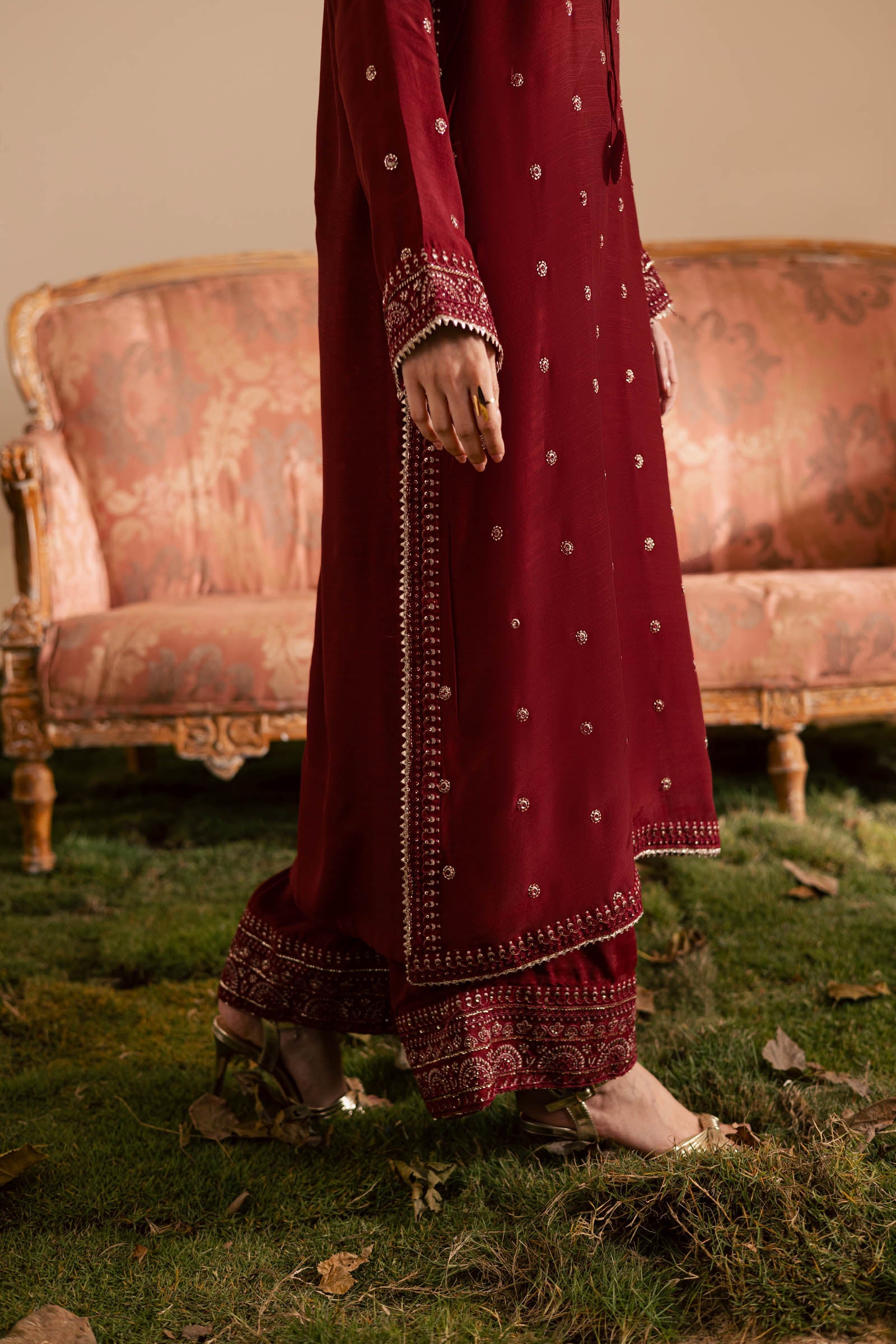2PC Embroidered Raw Silk - Maroon
