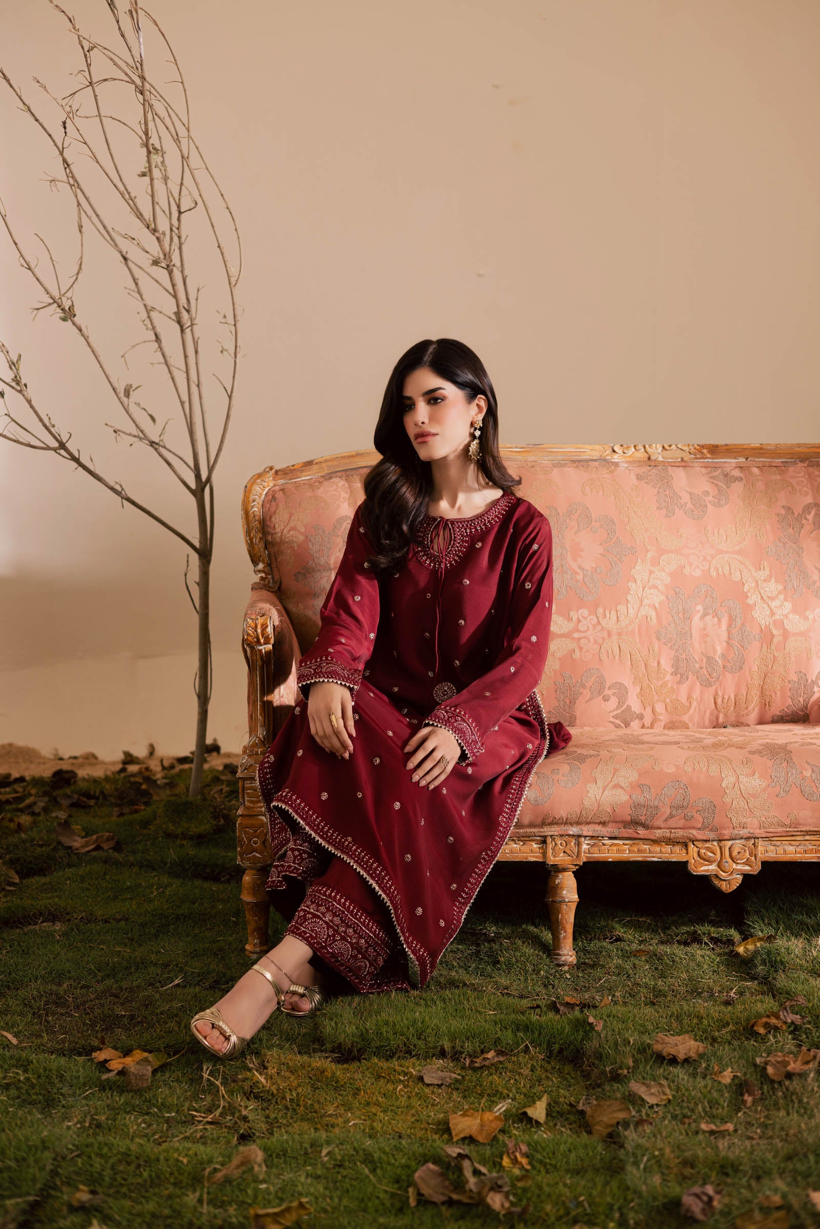 2PC Embroidered Raw Silk - Maroon