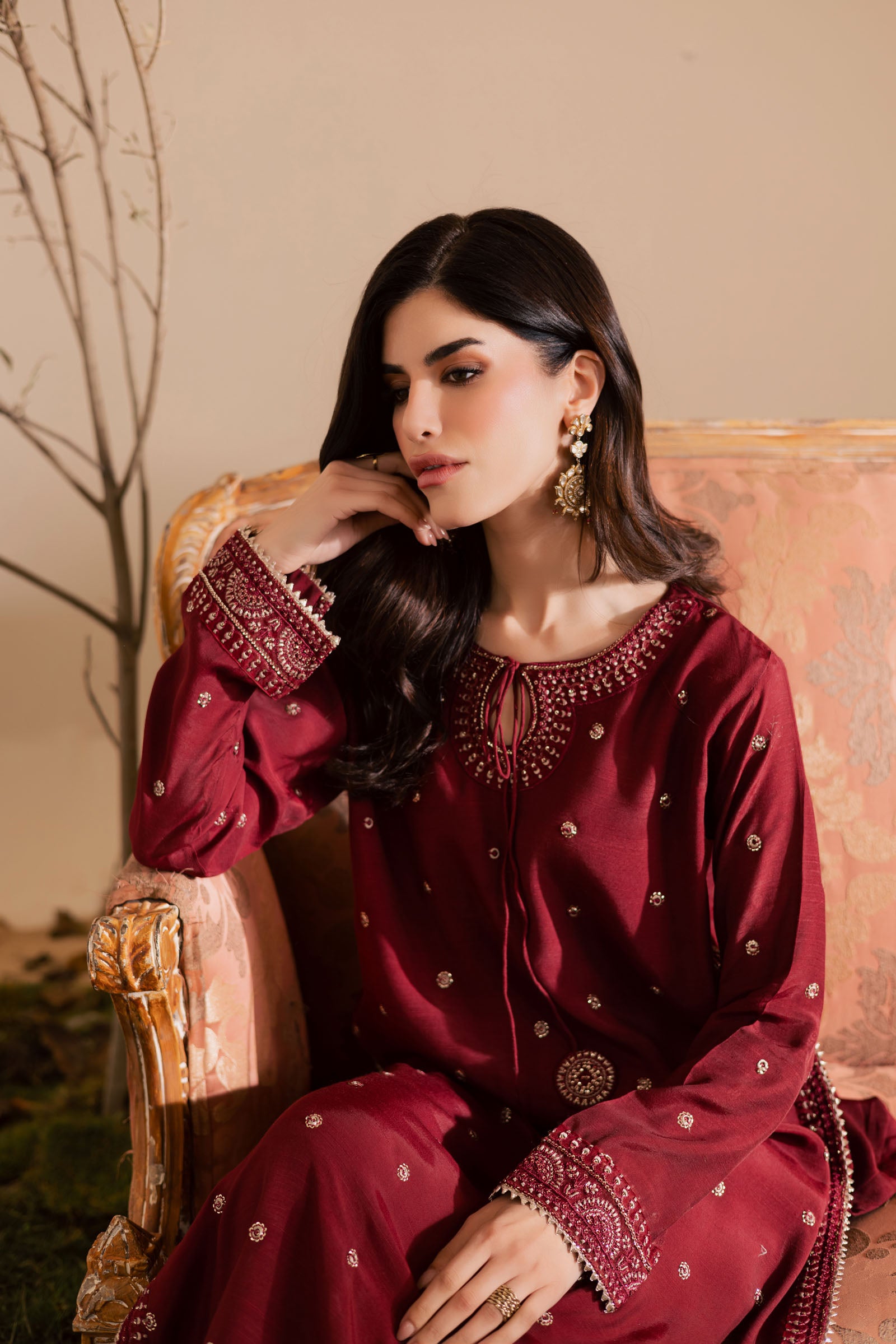 2PC Embroidered Raw Silk - Maroon