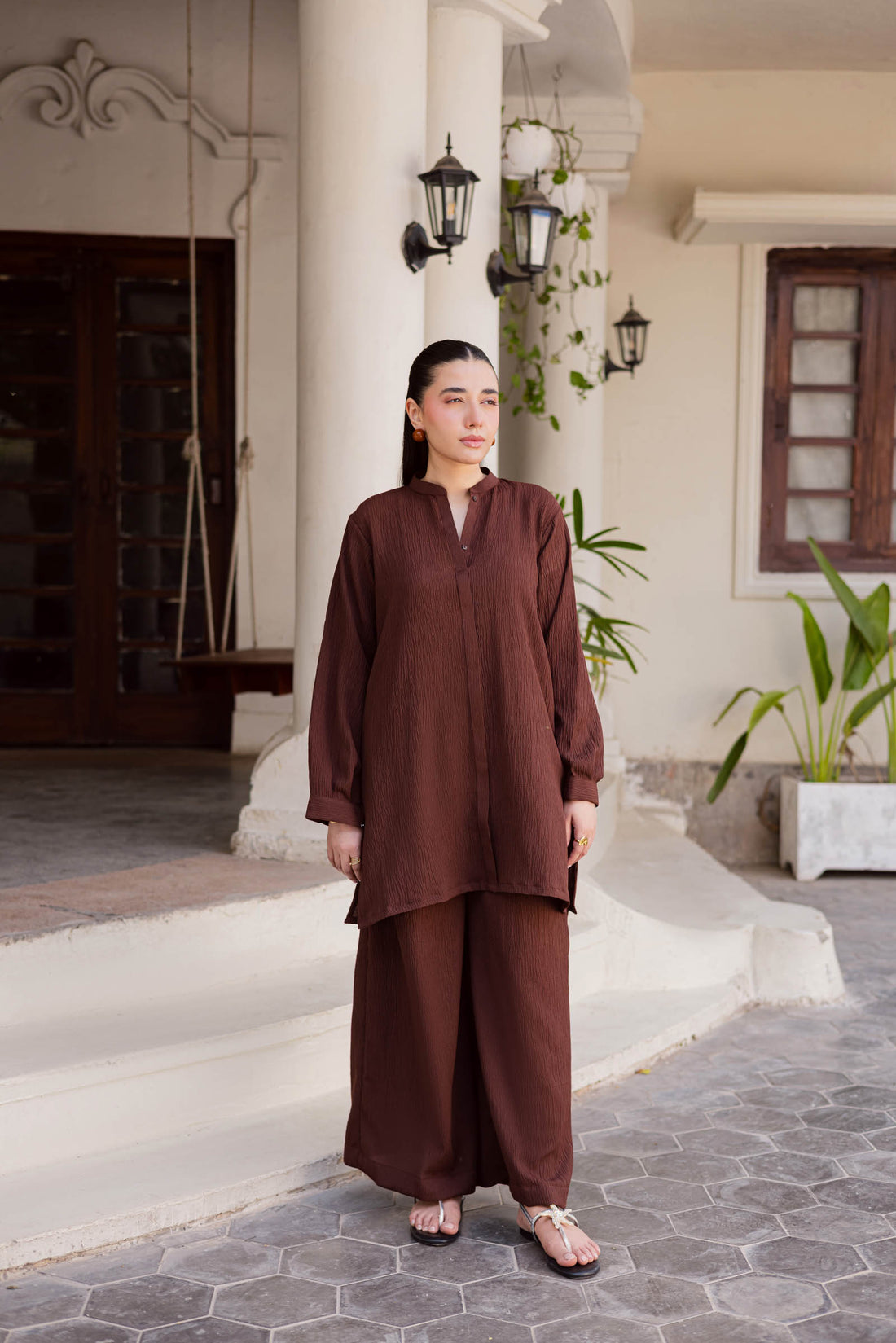 2PC Textured Dress-SP-Dark Brown