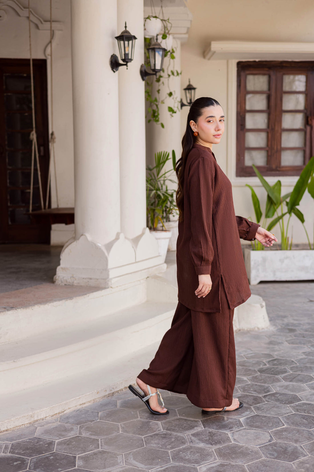 2PC Textured Dress-SP-Dark Brown