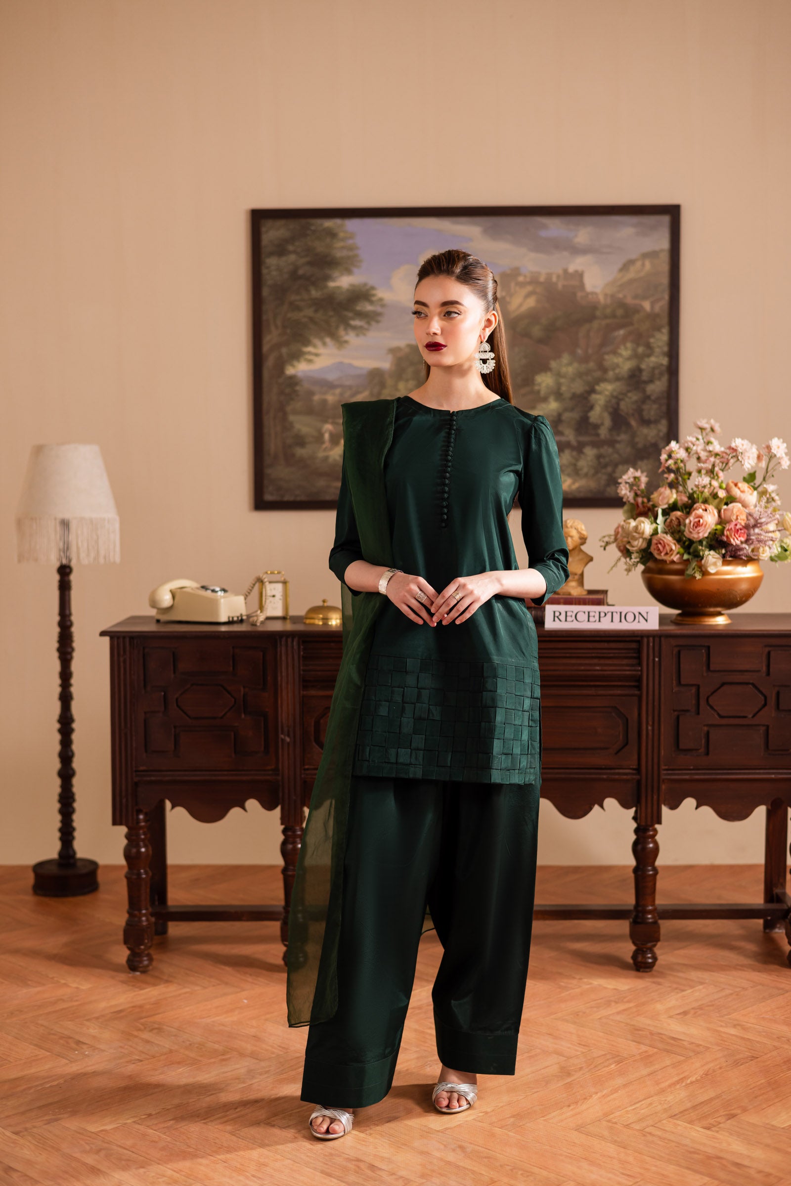 slim fit dress slacks Elegant Dark Green V-Neck Embellished Eid Dress with Rhinestone & Bead –  Islamic Shopping Network main image 1