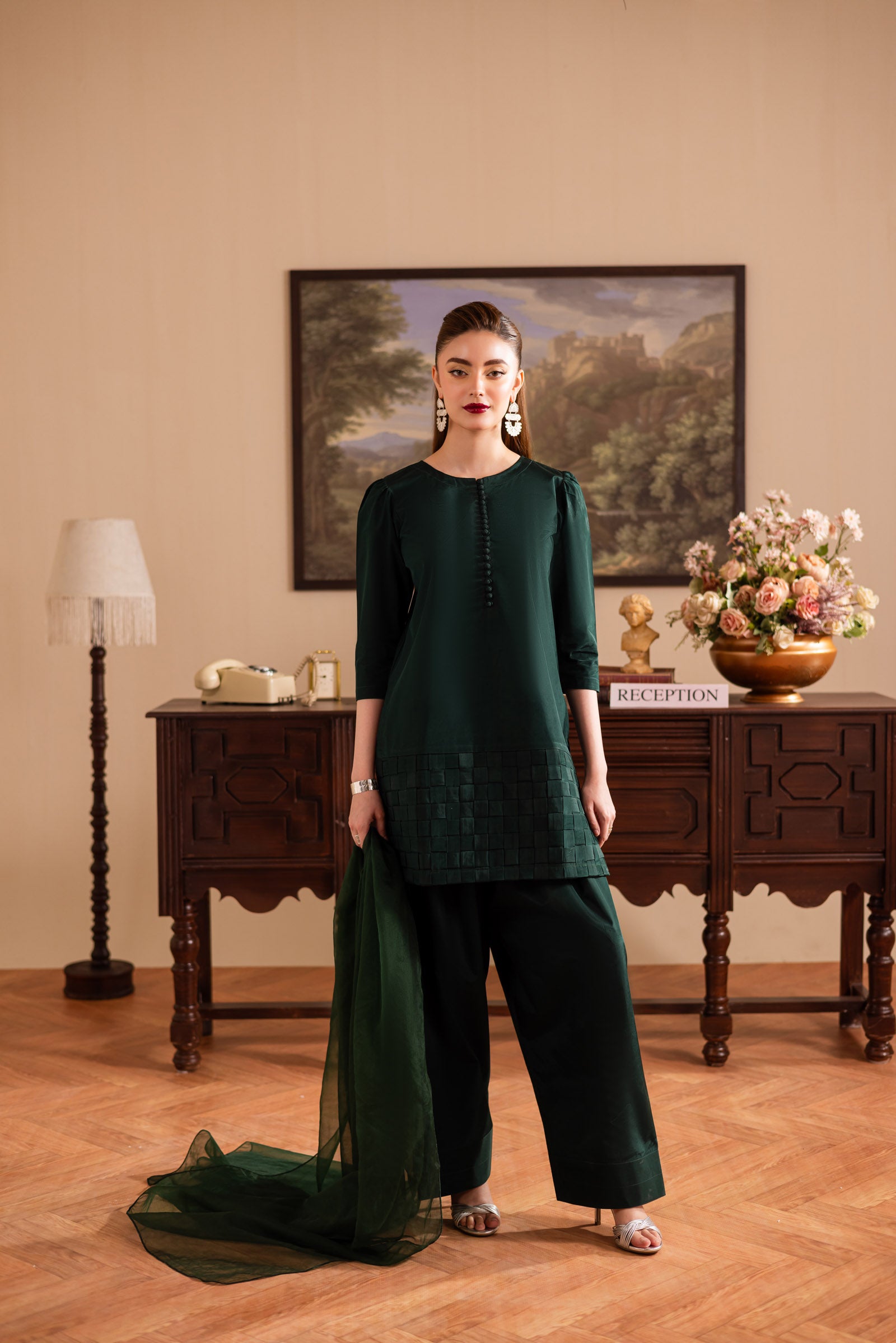 3PC Luxury Solid Silk Dress LSS - Emerald Green