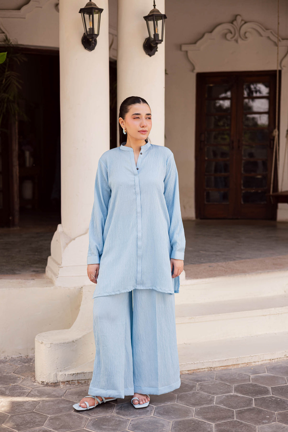 2PC Textured Dress-SP-Ice Blue