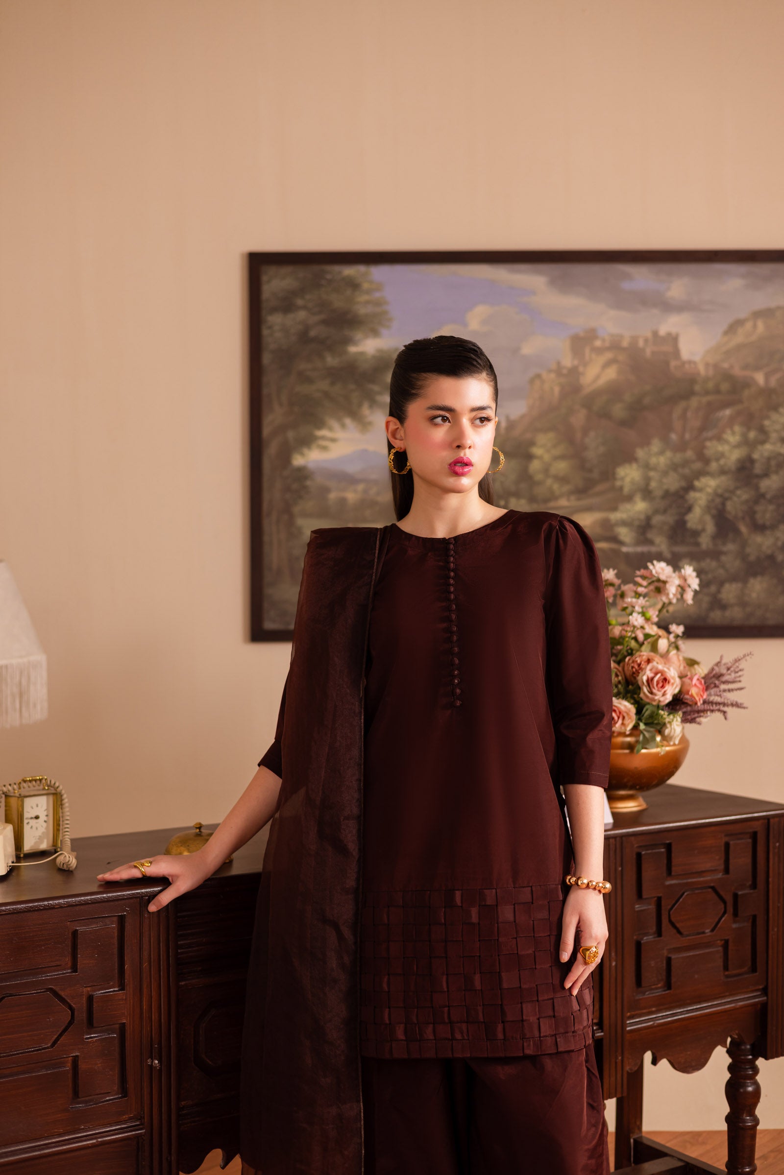 3PC Luxury Solid Silk Dress LSS - Chocolate Brown