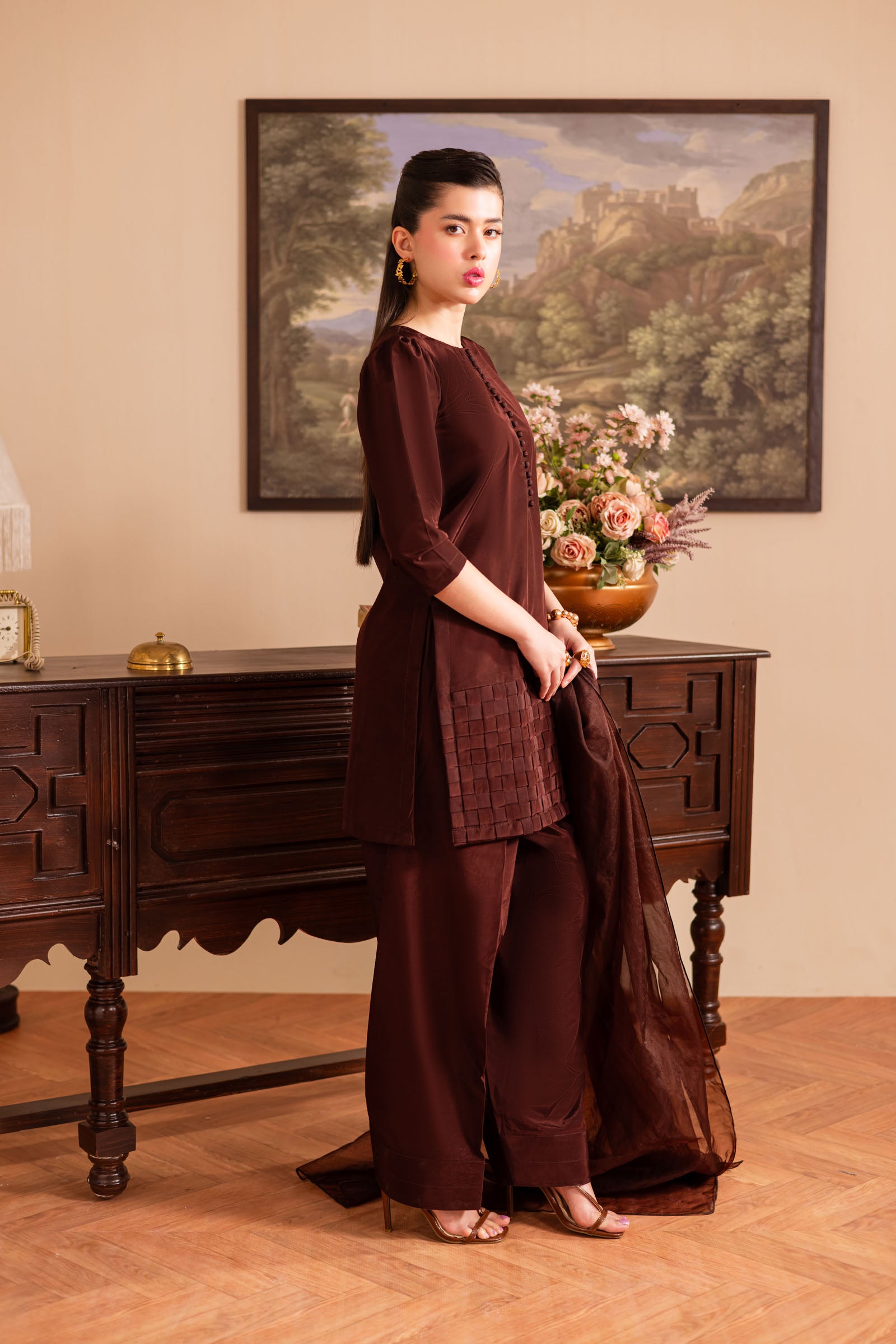 3PC Luxury Solid Silk Dress LSS - Chocolate Brown