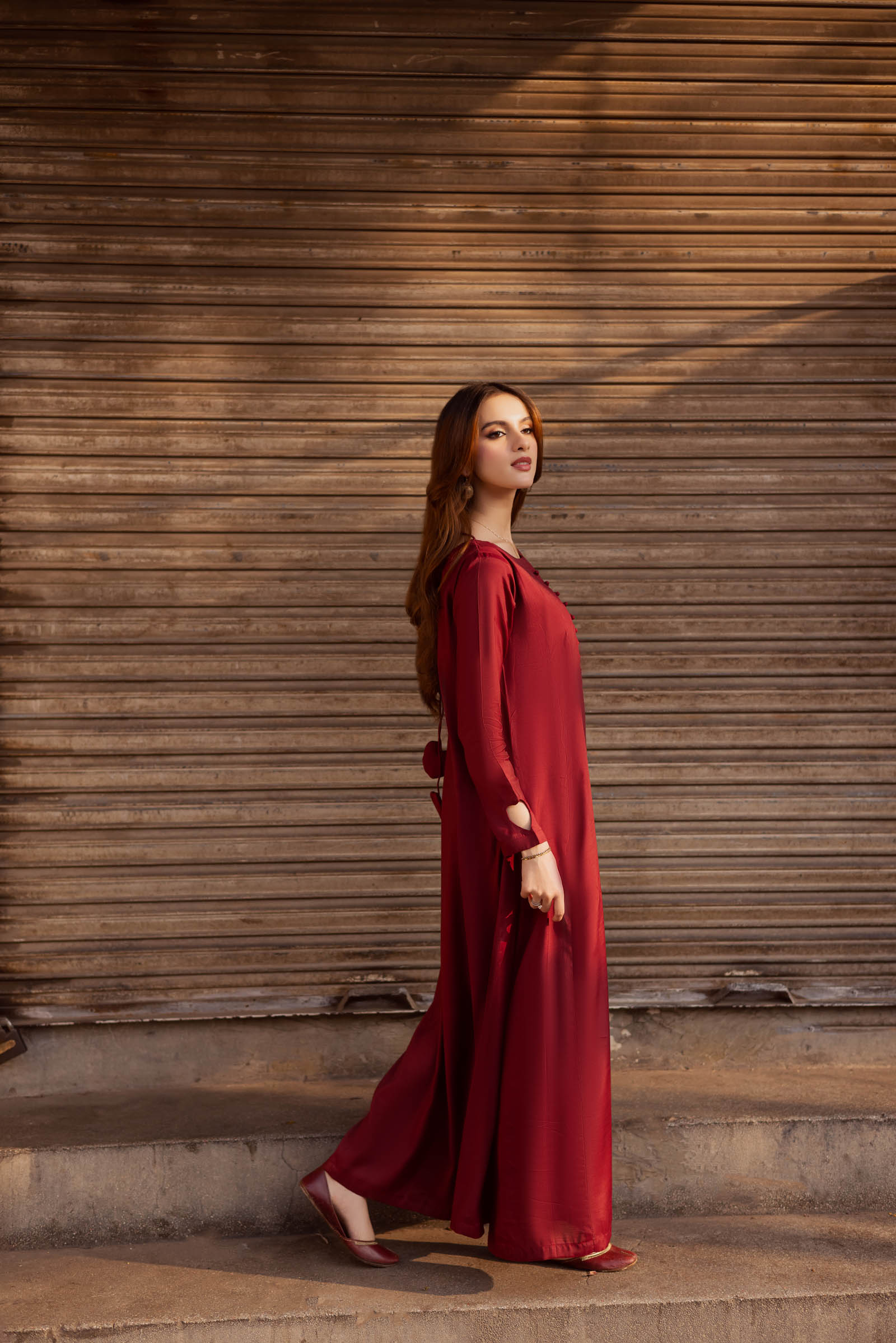 Raw Silk Frock-Maroon