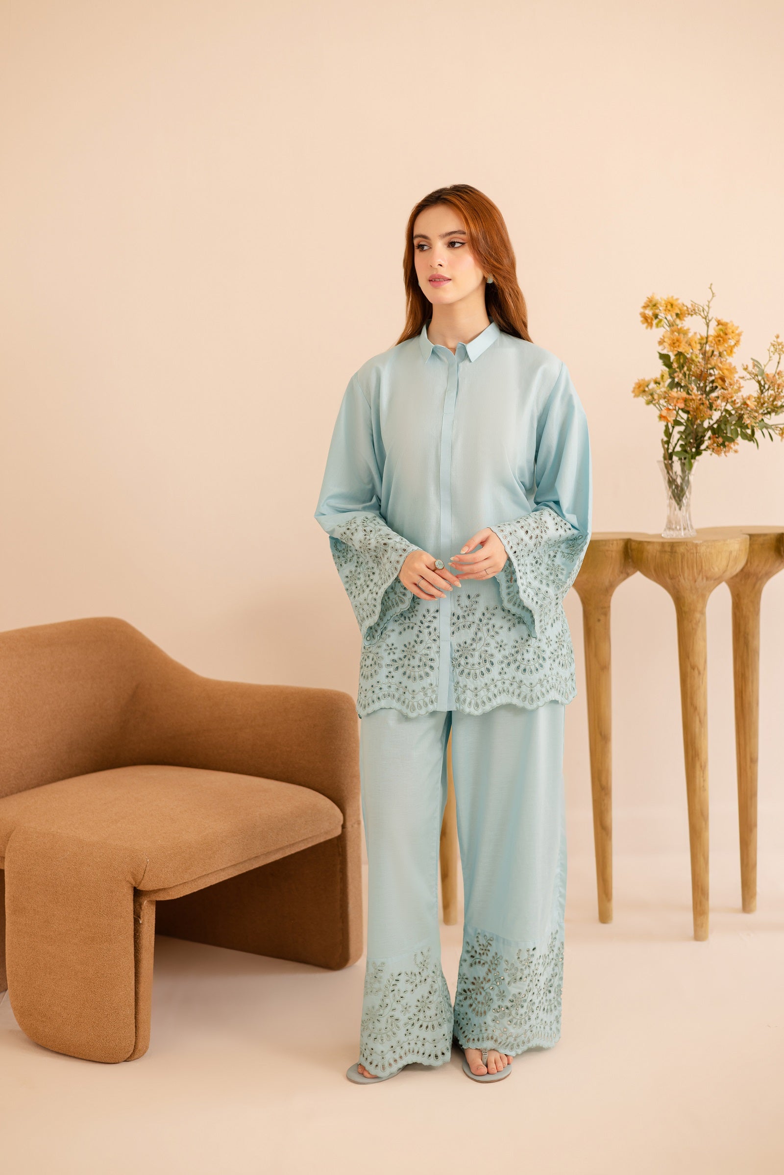 Schiffli Embroidered Co-Ord - 1162-S.BLU