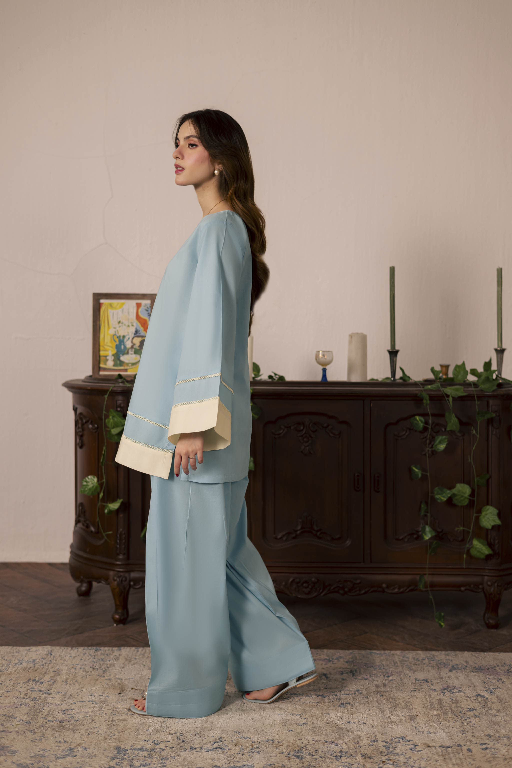 2PC Solid Colour Block Dress - 06 Sky Blue