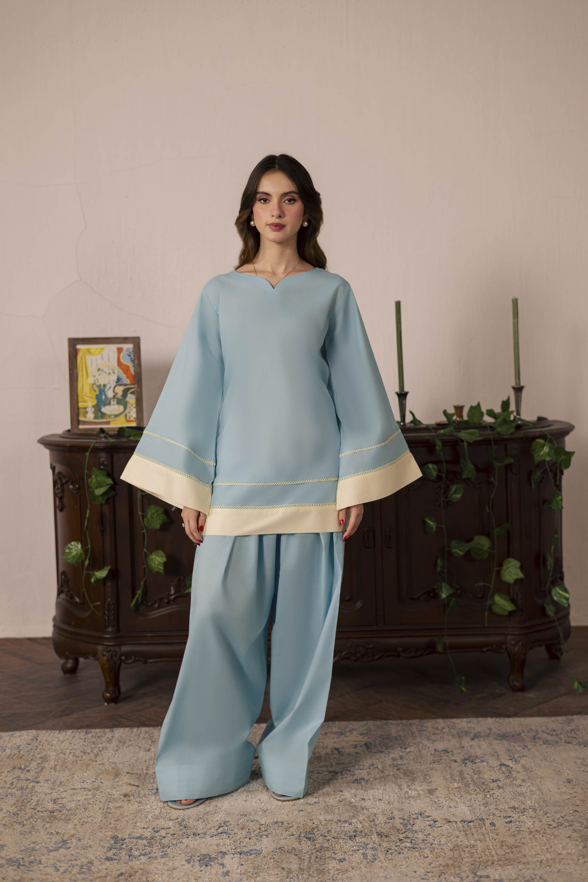 2PC Solid Colour Block Dress - 06 Sky Blue