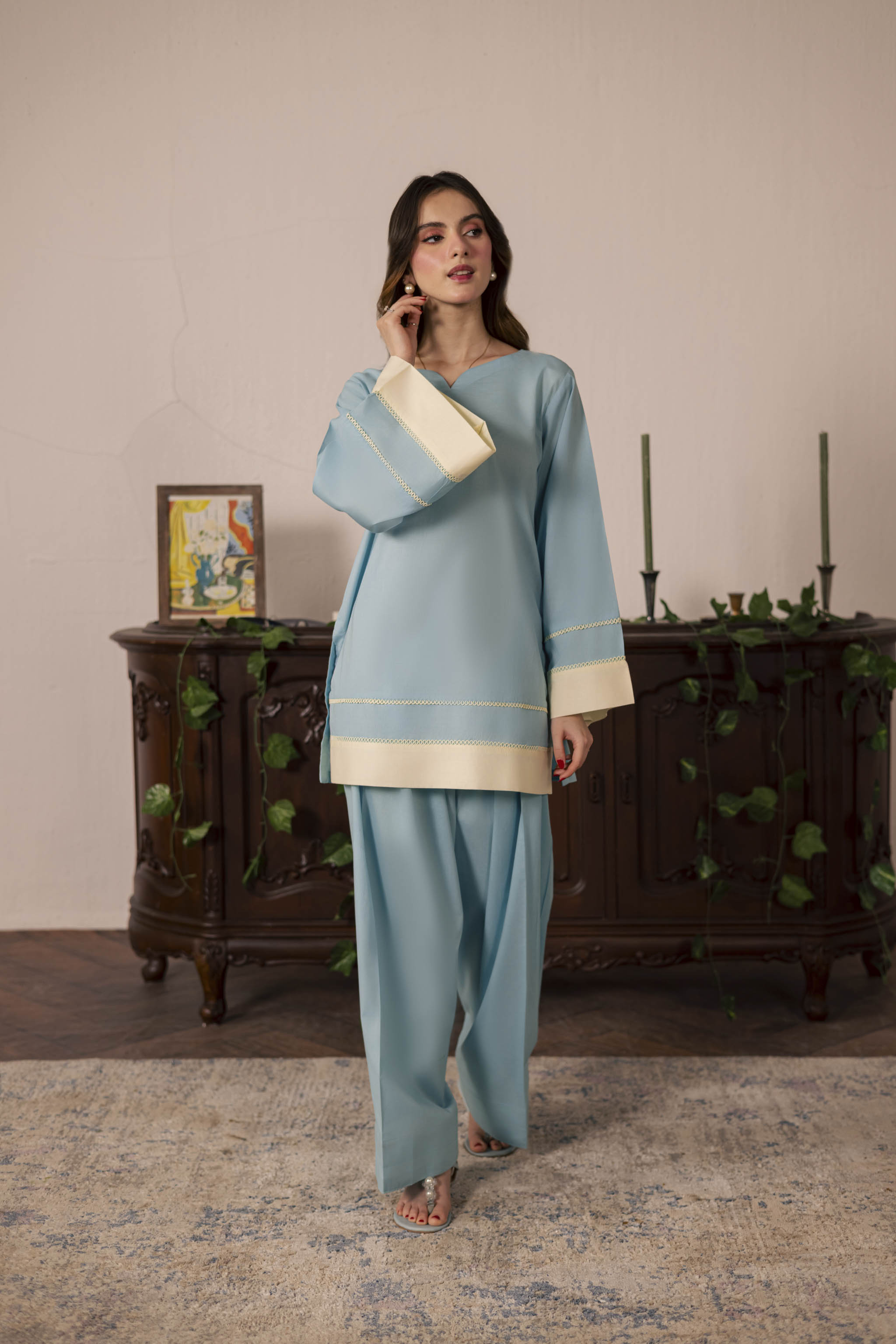 2PC Solid Colour Block Dress - 06 Sky Blue