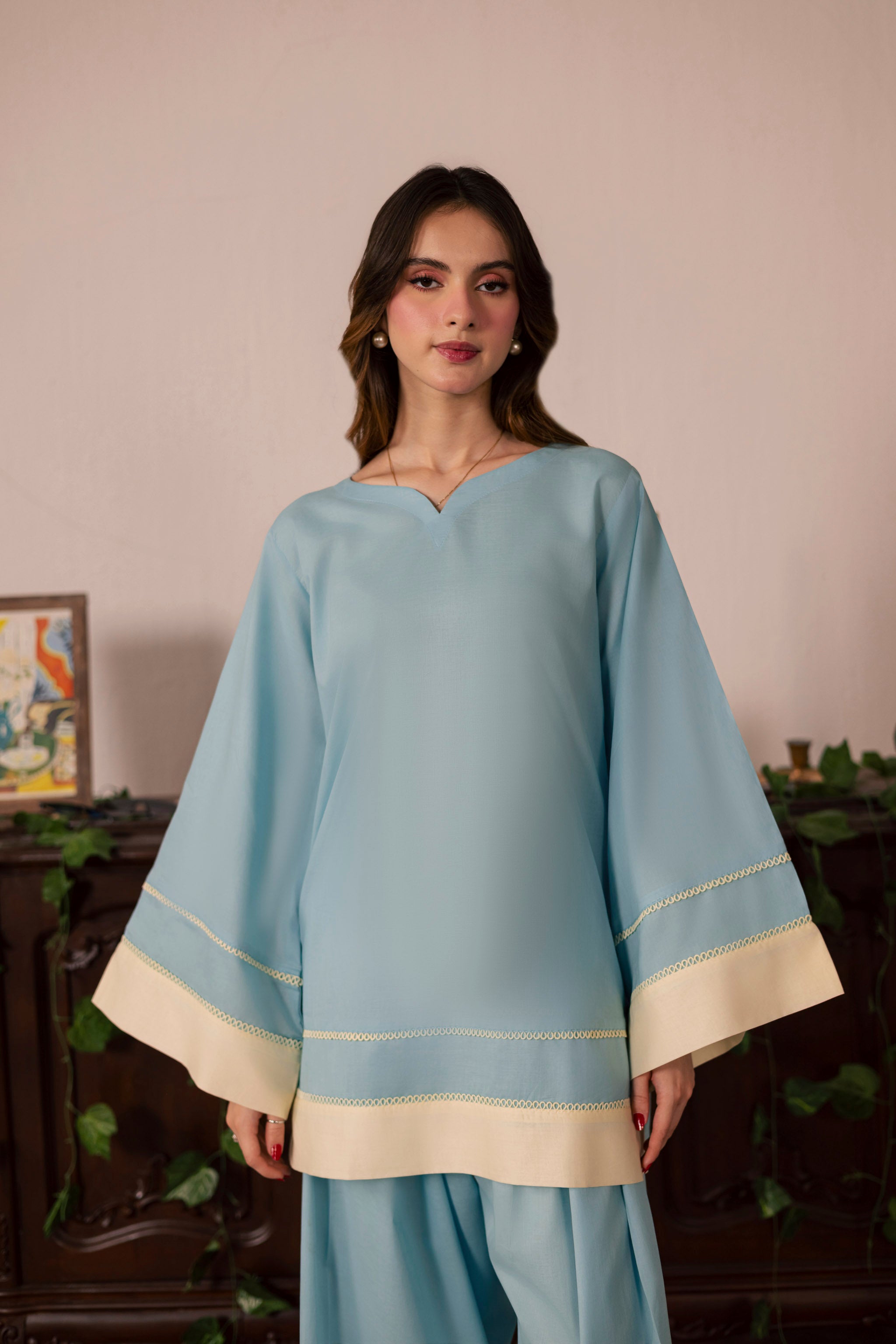2PC Solid Colour Block Dress - 06 Sky Blue