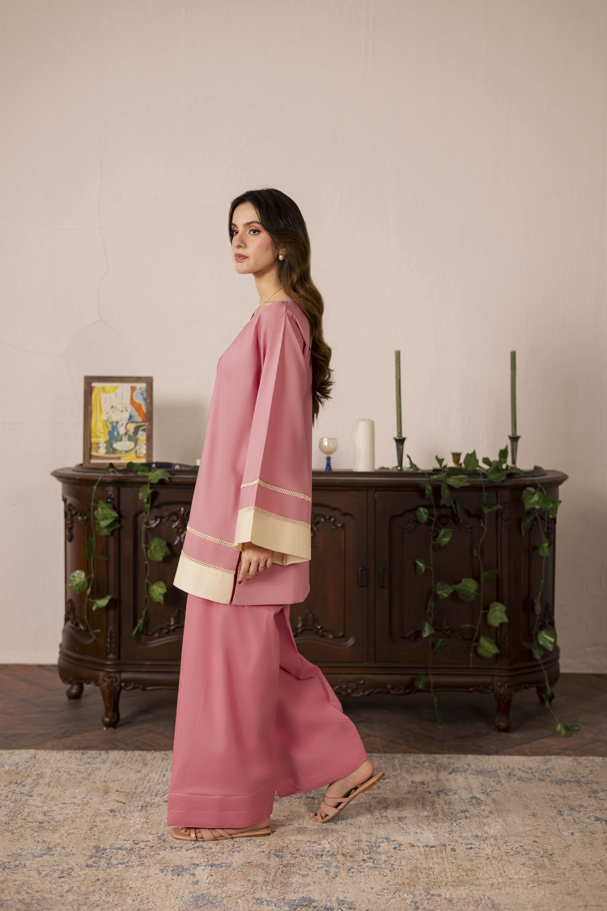2PC Solid Colour Block Dress - 05 Pink