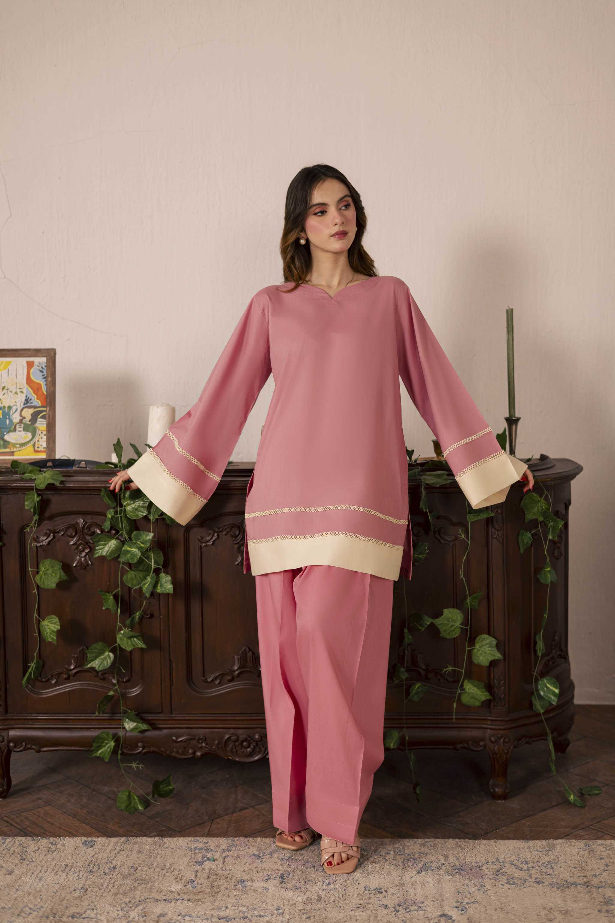 2PC Solid Colour Block Dress - 05 Pink