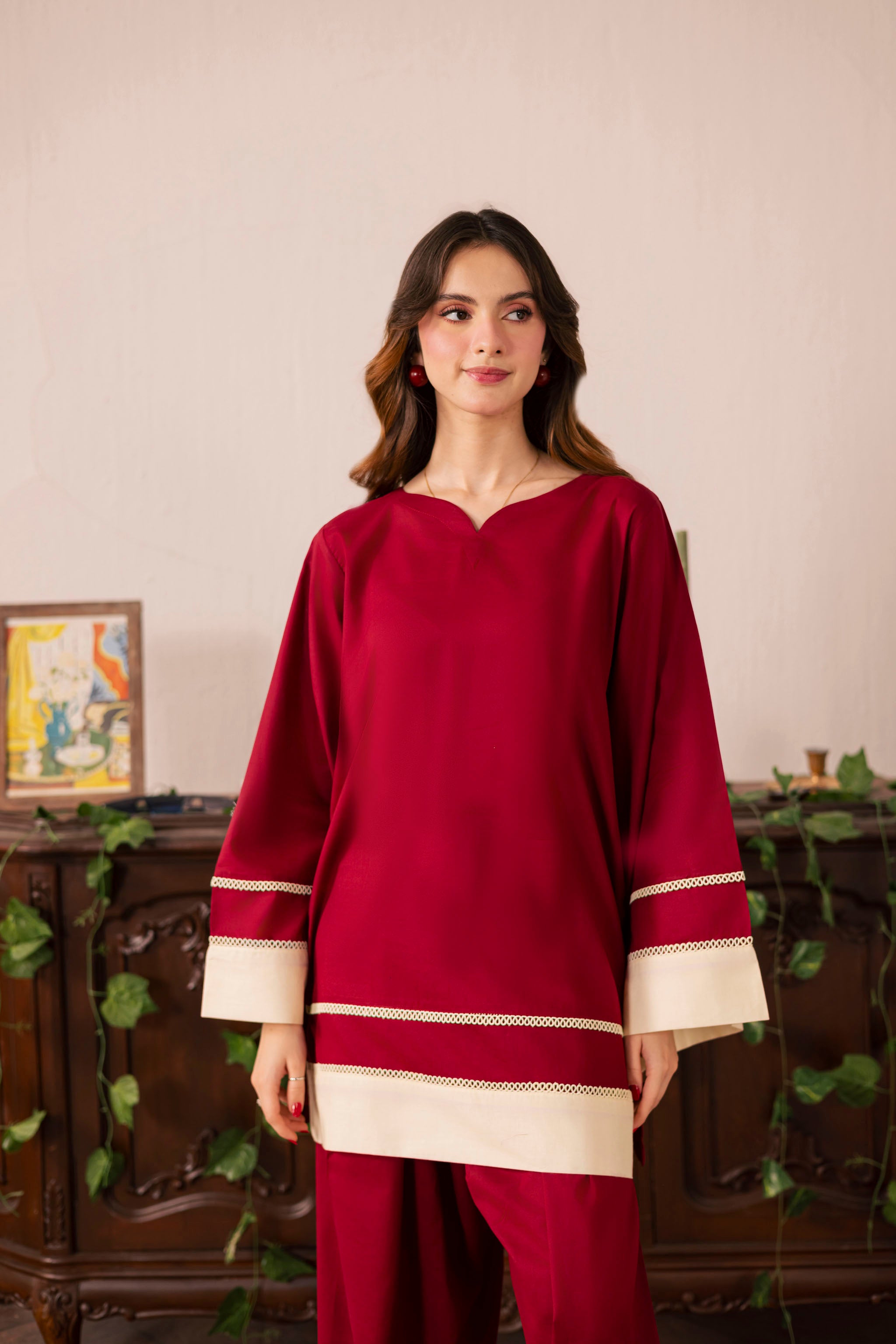 2PC Solid Colour Block Dress - 01 Maroon