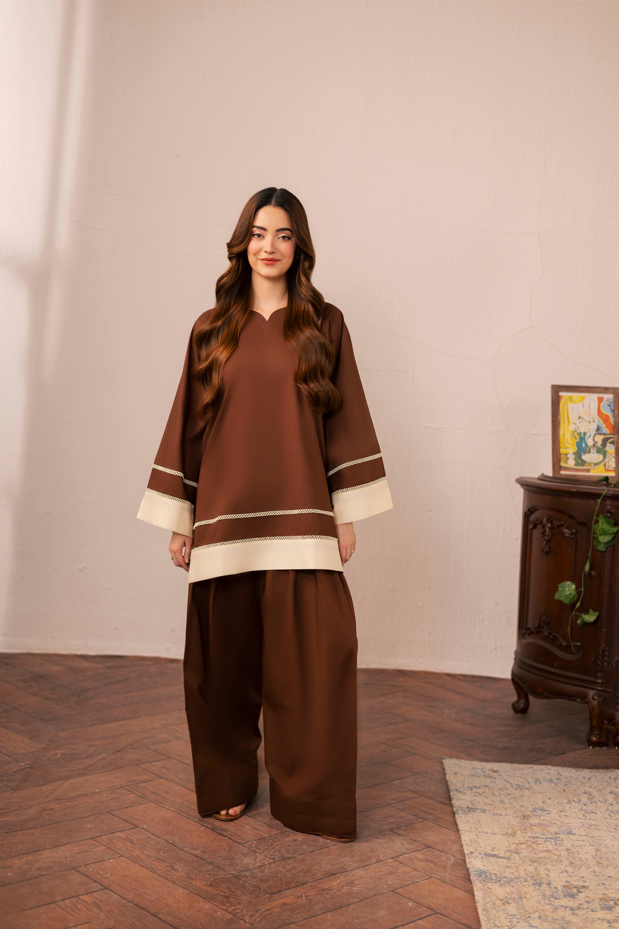 2PC Solid Colour Block Dress - 03 Dark Brown  Silayi Pret