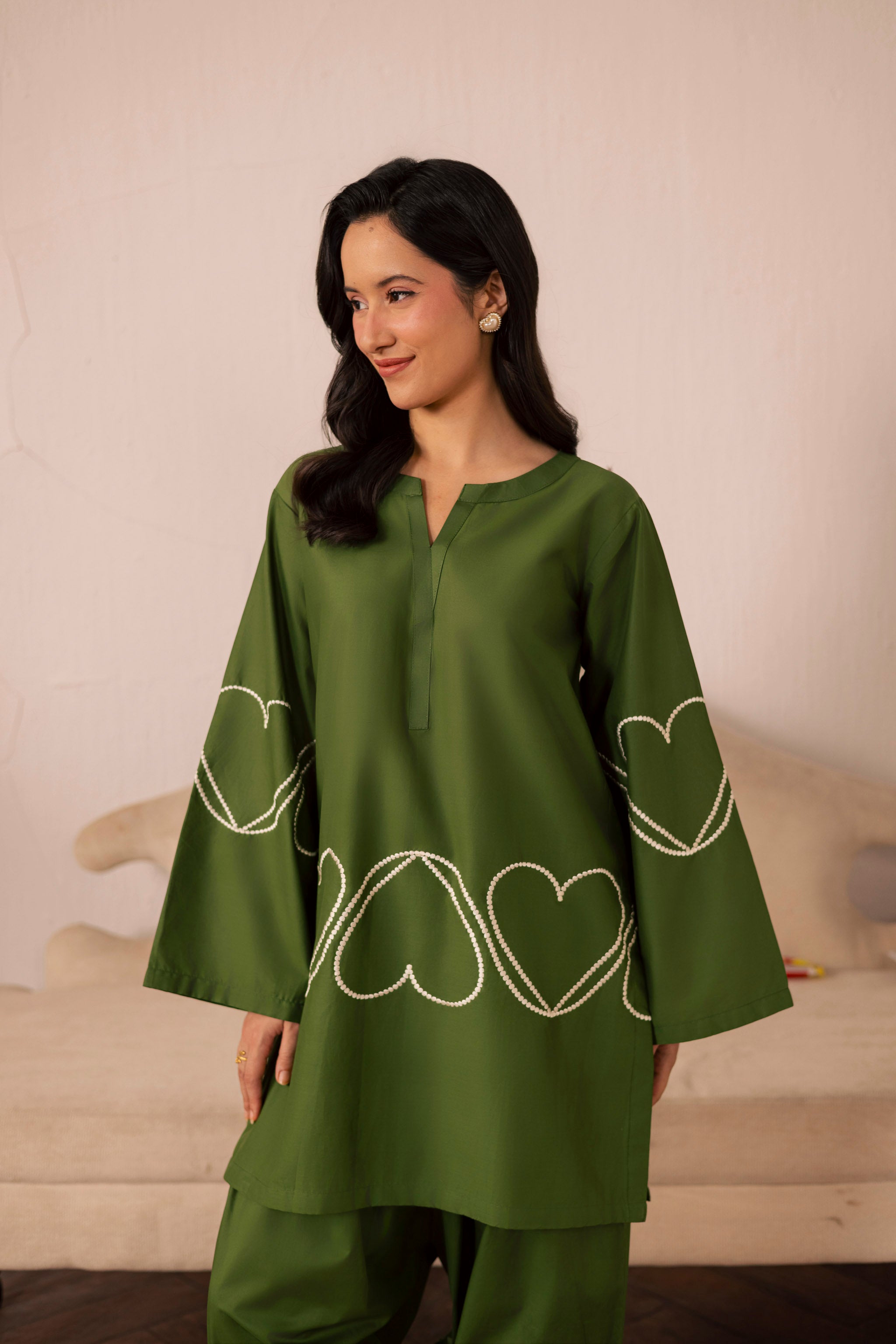 2PC Heart Embroidered Dress - 06 Olive
