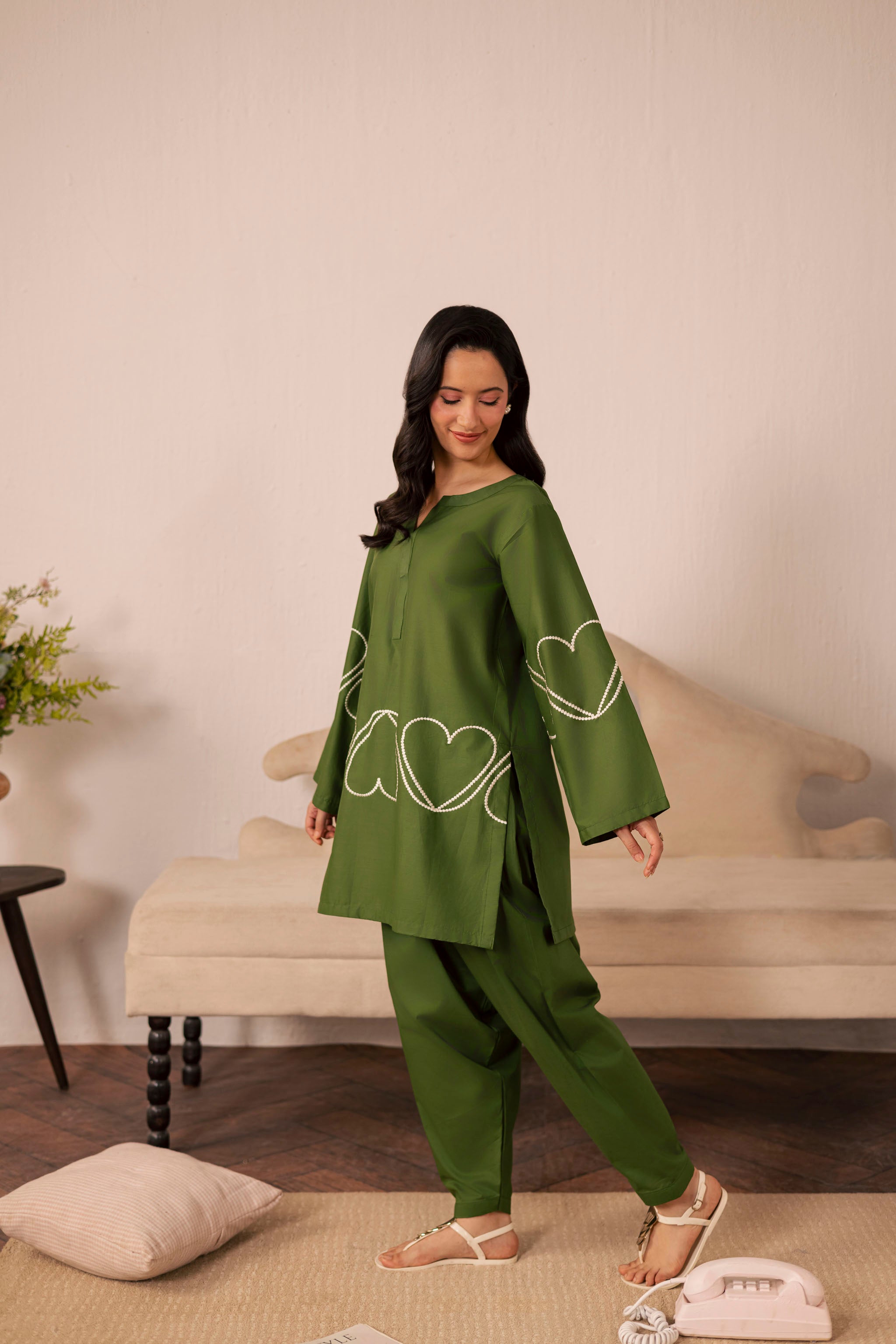 2PC Heart Embroidered Dress - 06 Olive