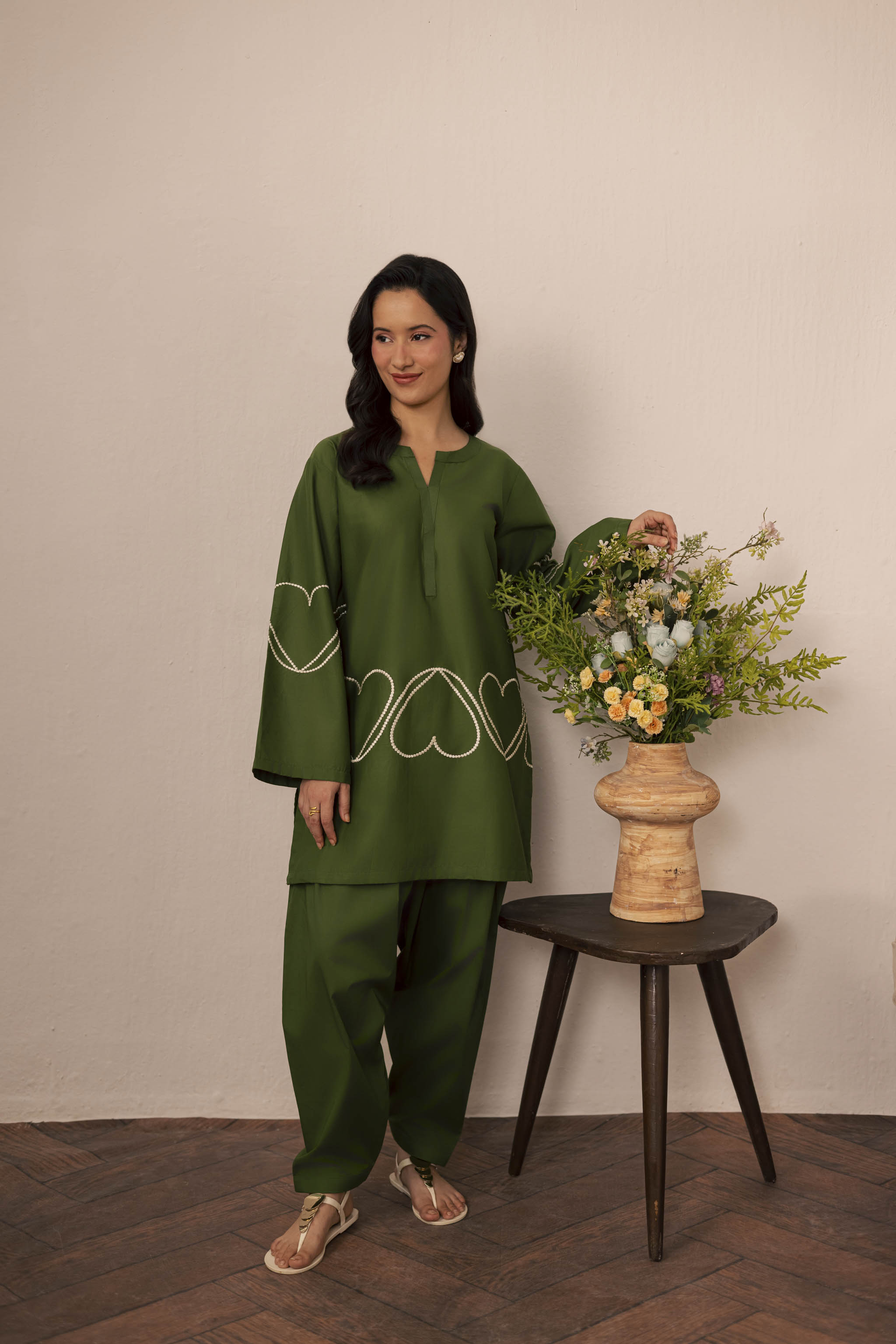 2PC Heart Embroidered Dress - 06 Olive