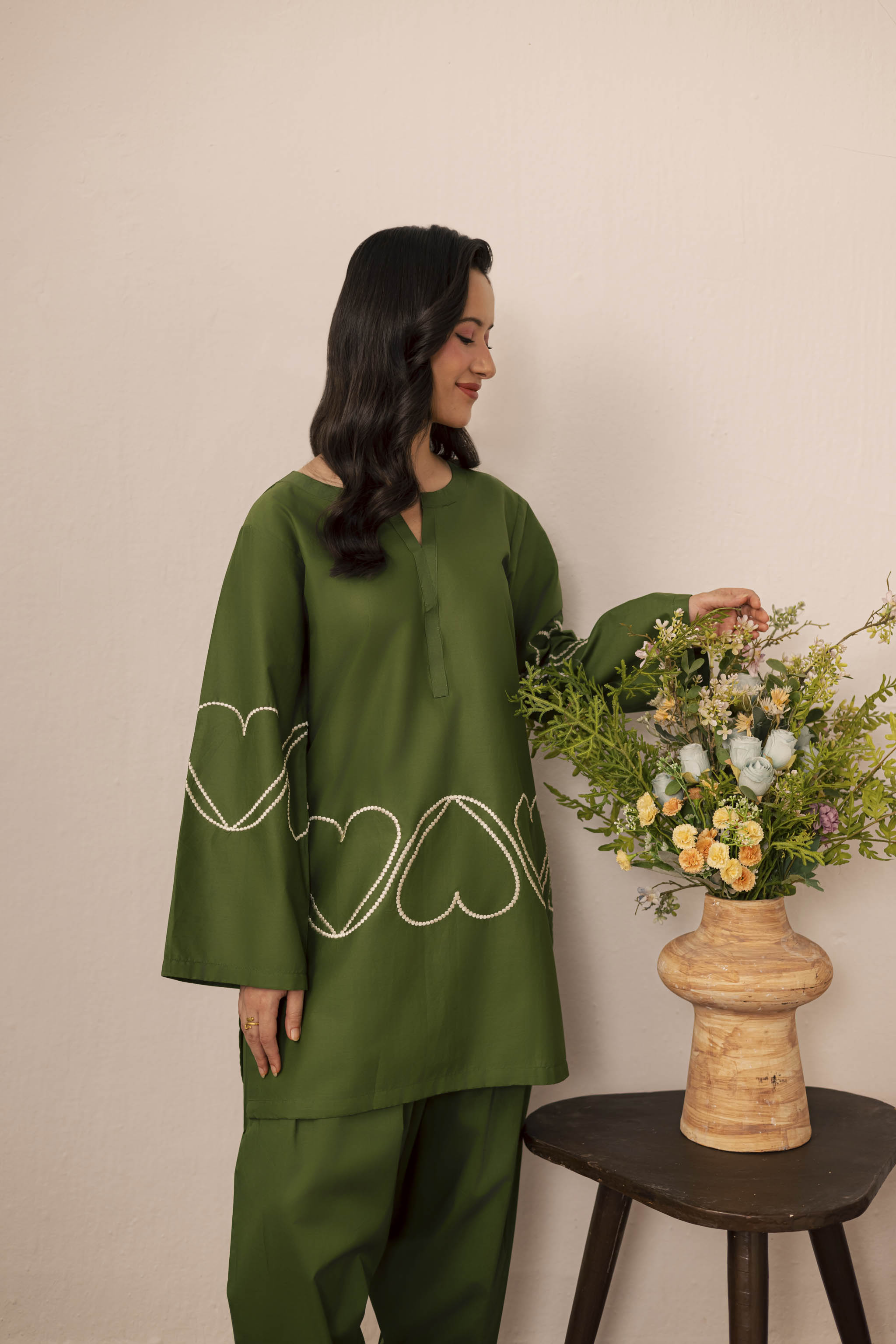 2PC Heart Embroidered Dress - 06 Olive