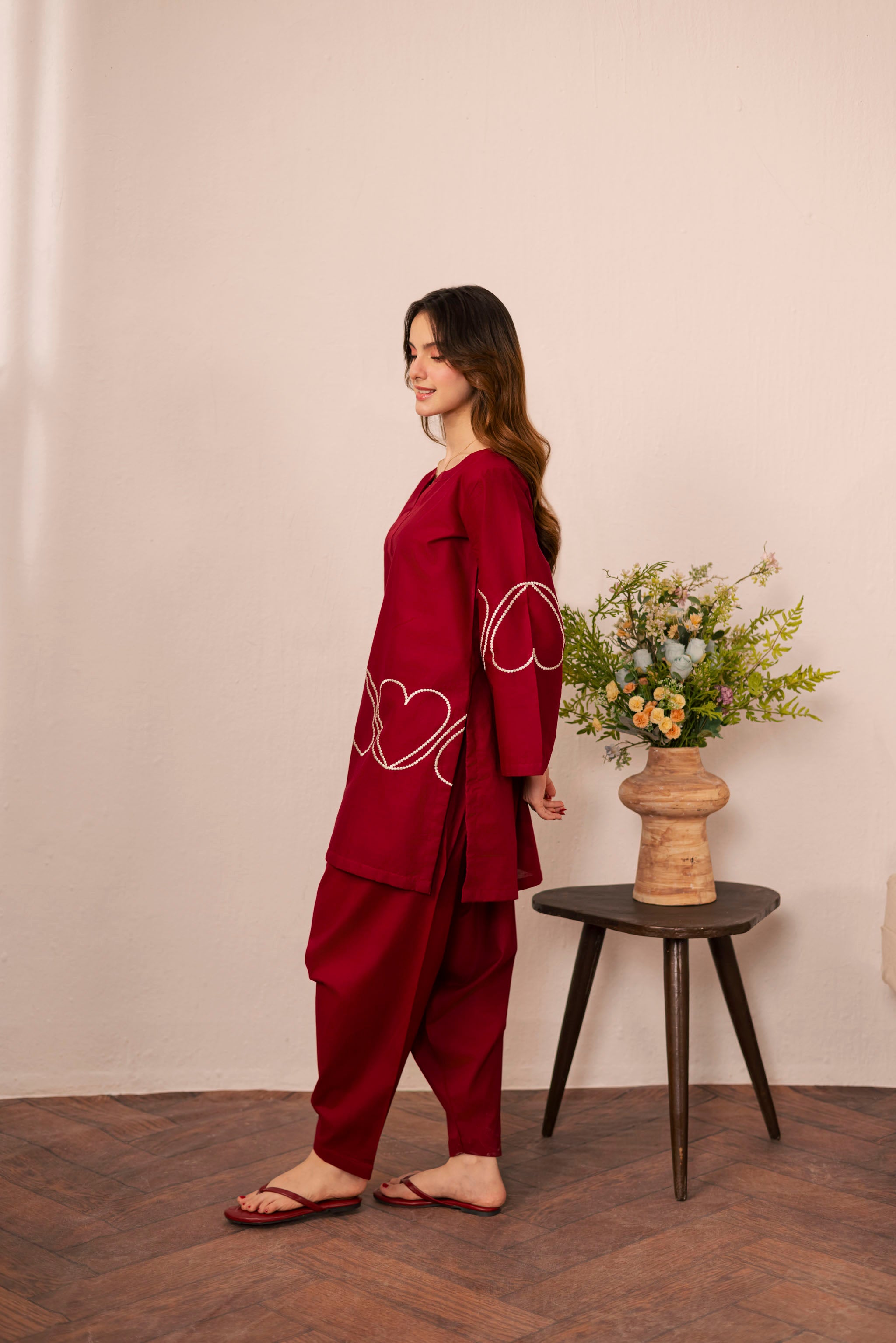 2PC Heart Embroidered Dress - 01 Maroon