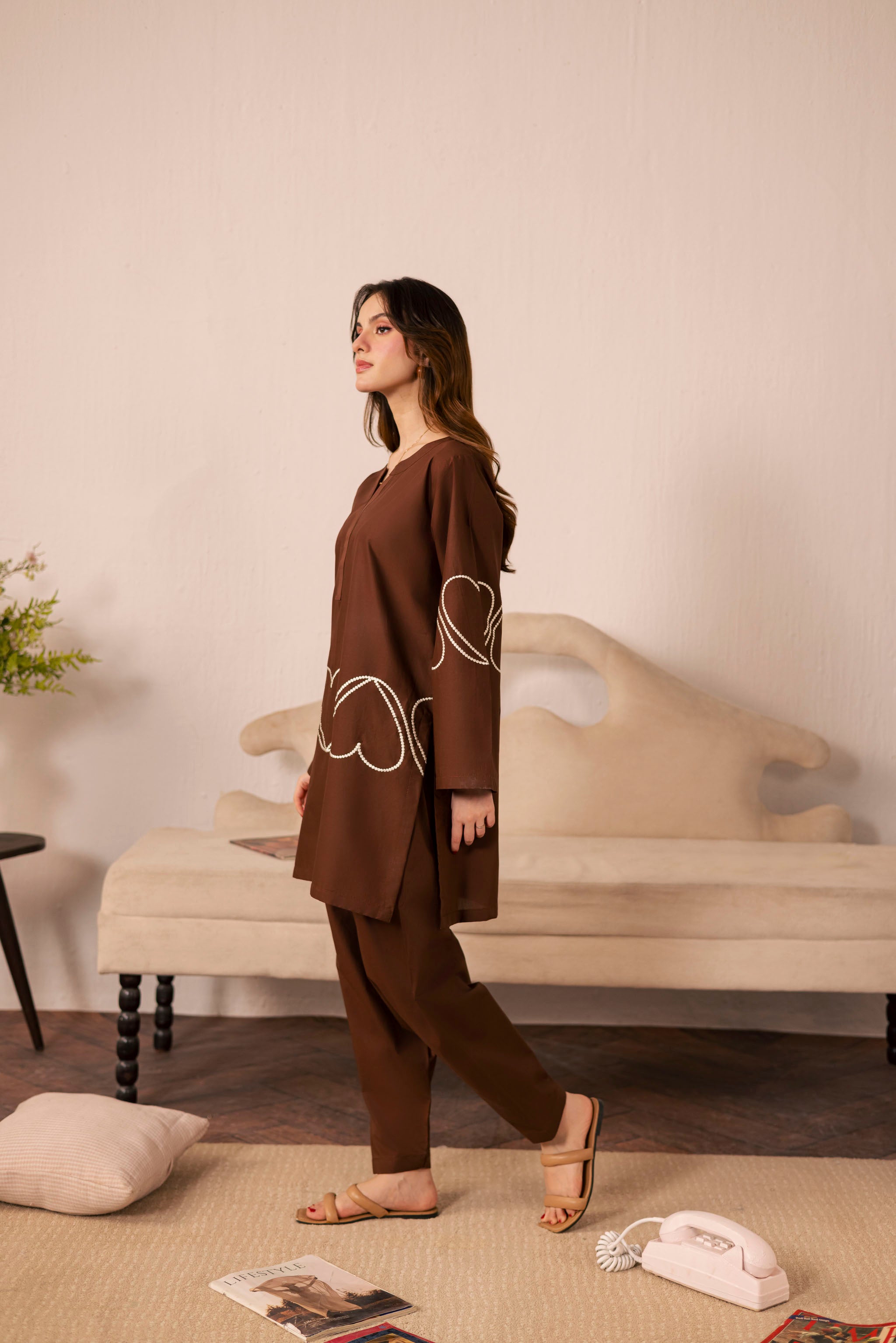 2PC Heart Embroidered Dress - 03 Dark Brown