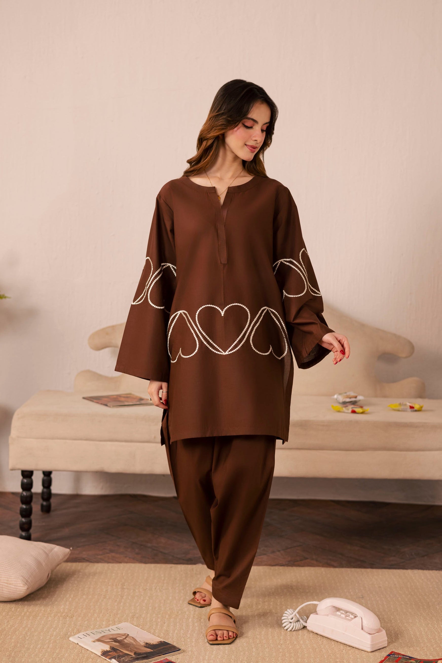 2PC Heart Embroidered Dress - 03 Dark Brown  Silayi Pret