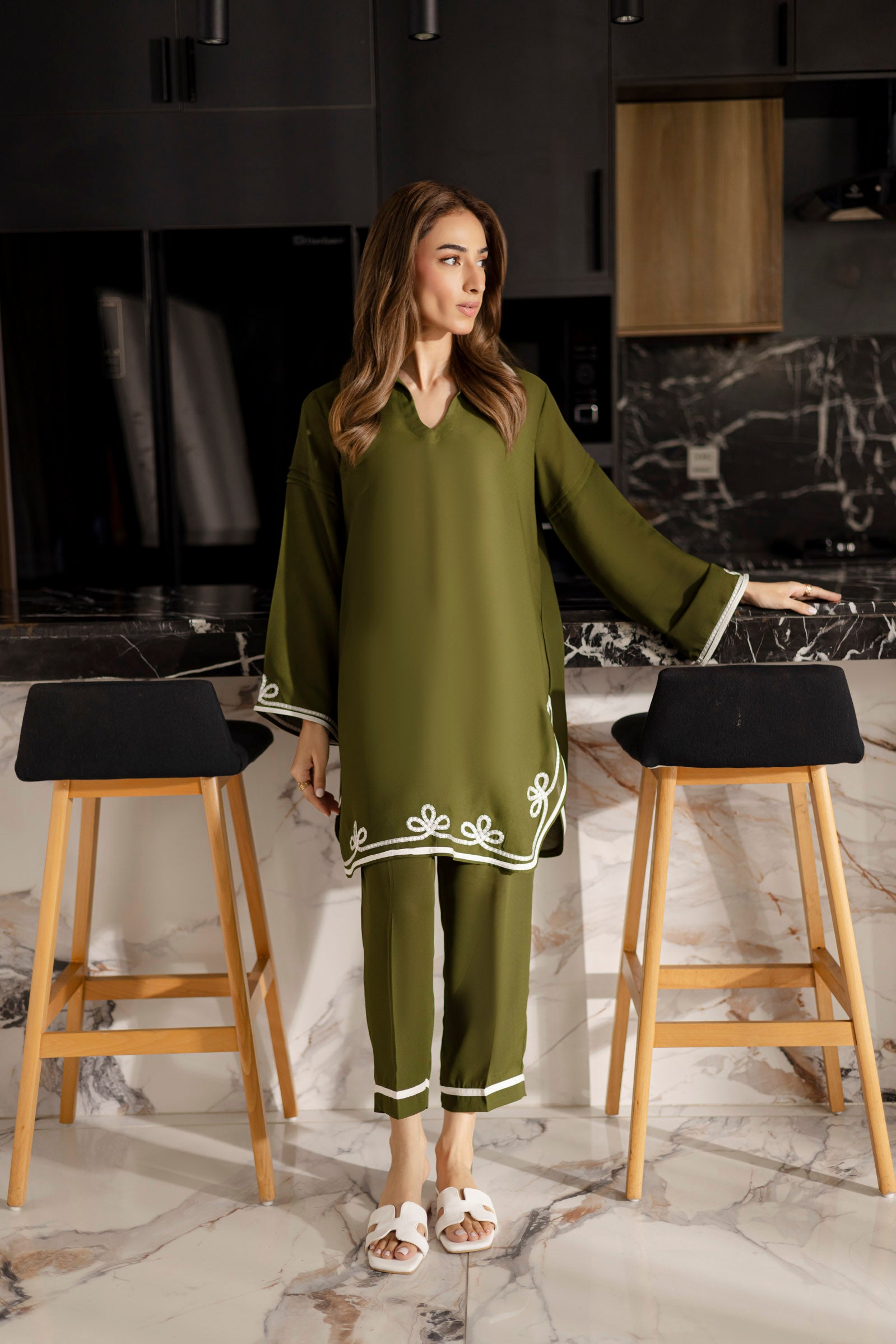 Embroidered Solid 2PC Dress - SP-06 Olive Green