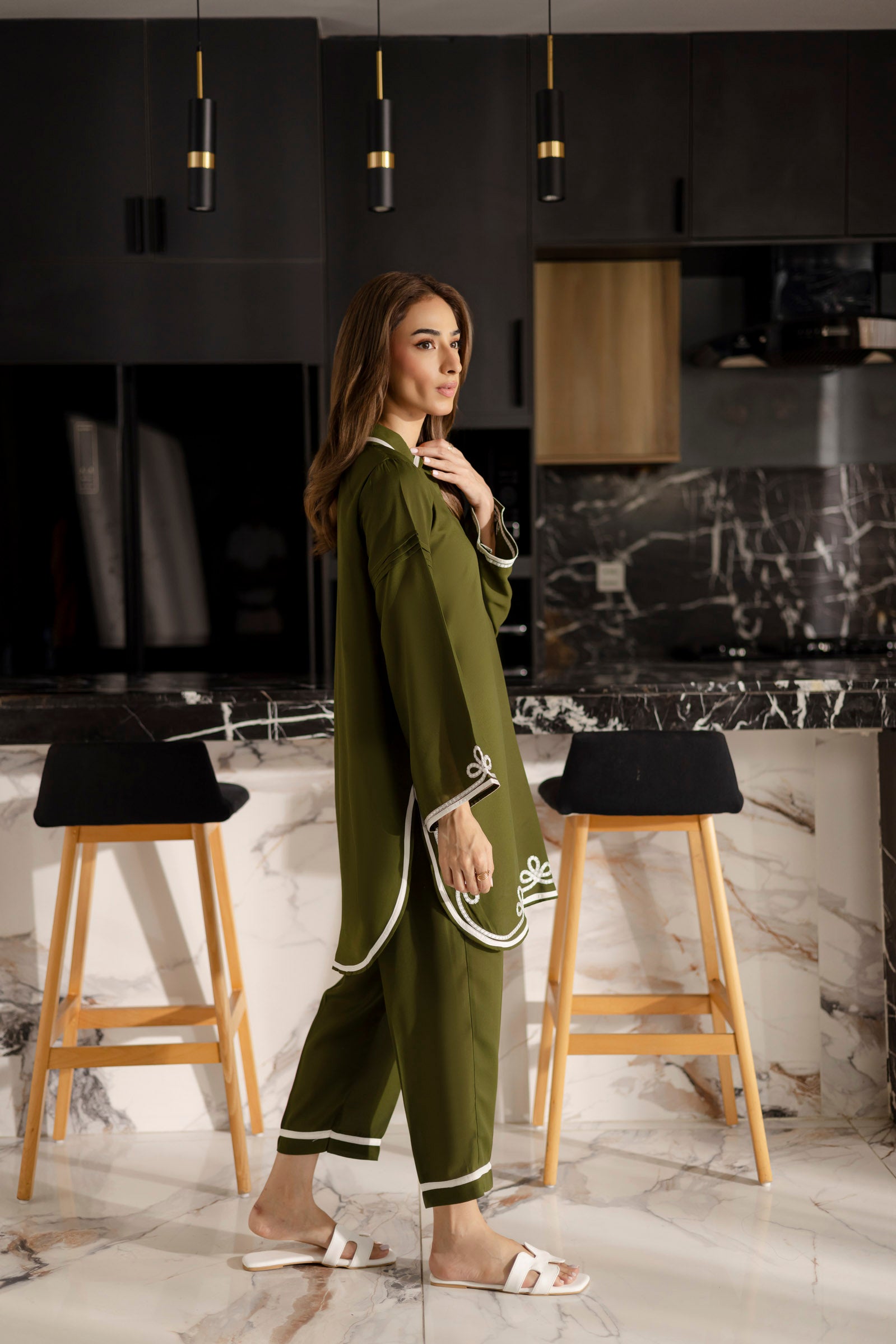 Embroidered Solid 2PC Dress - SP-06 Olive Green
