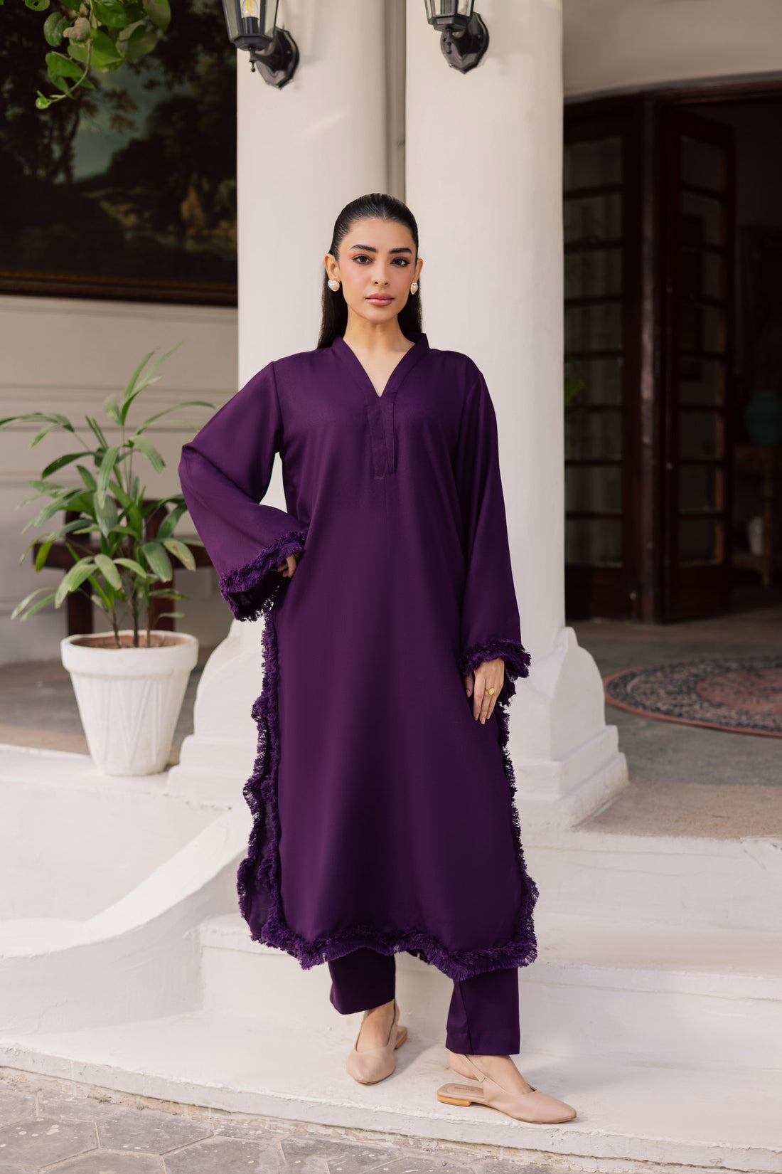 Solid Lace Work Dress-Dark Purple