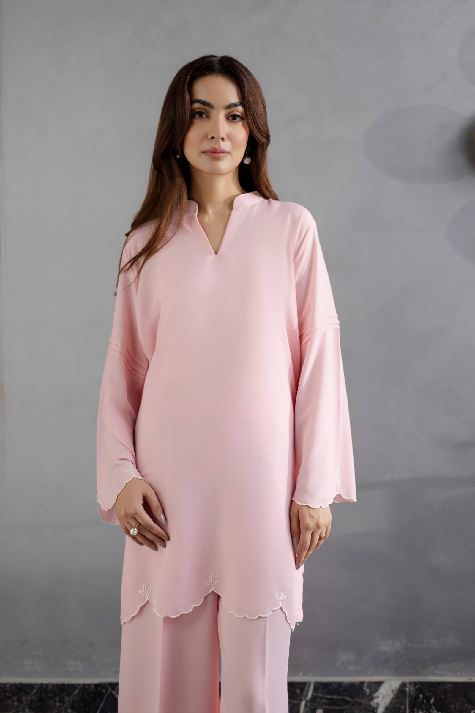 Embroidered Solid 2PC Dress - SP-04 Powder Pink