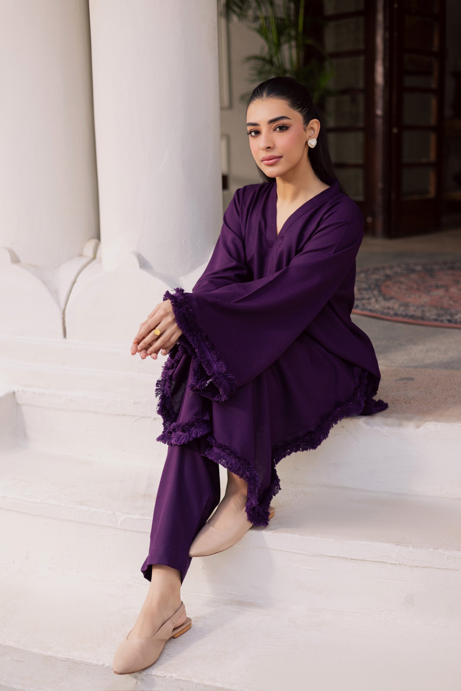 Solid Lace Work Dress-Dark Purple