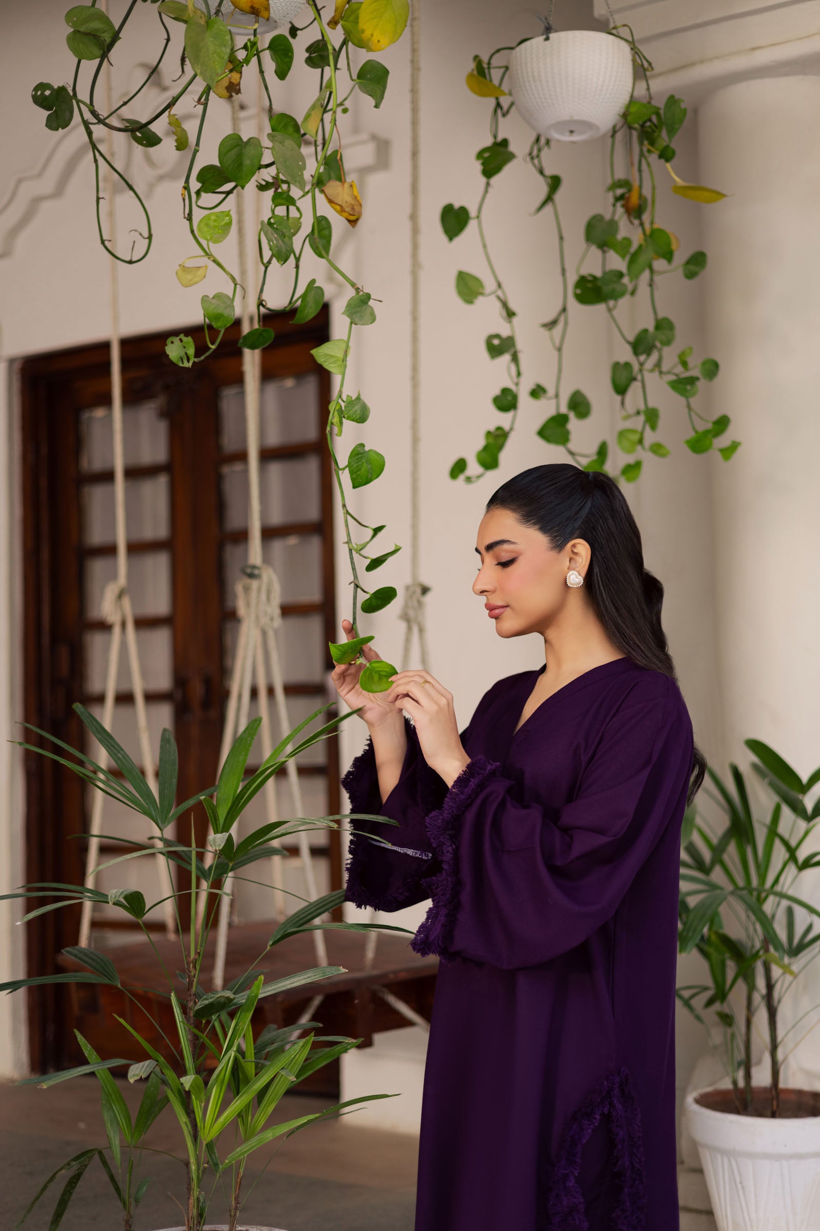 Solid Lace Work Dress-Dark Purple