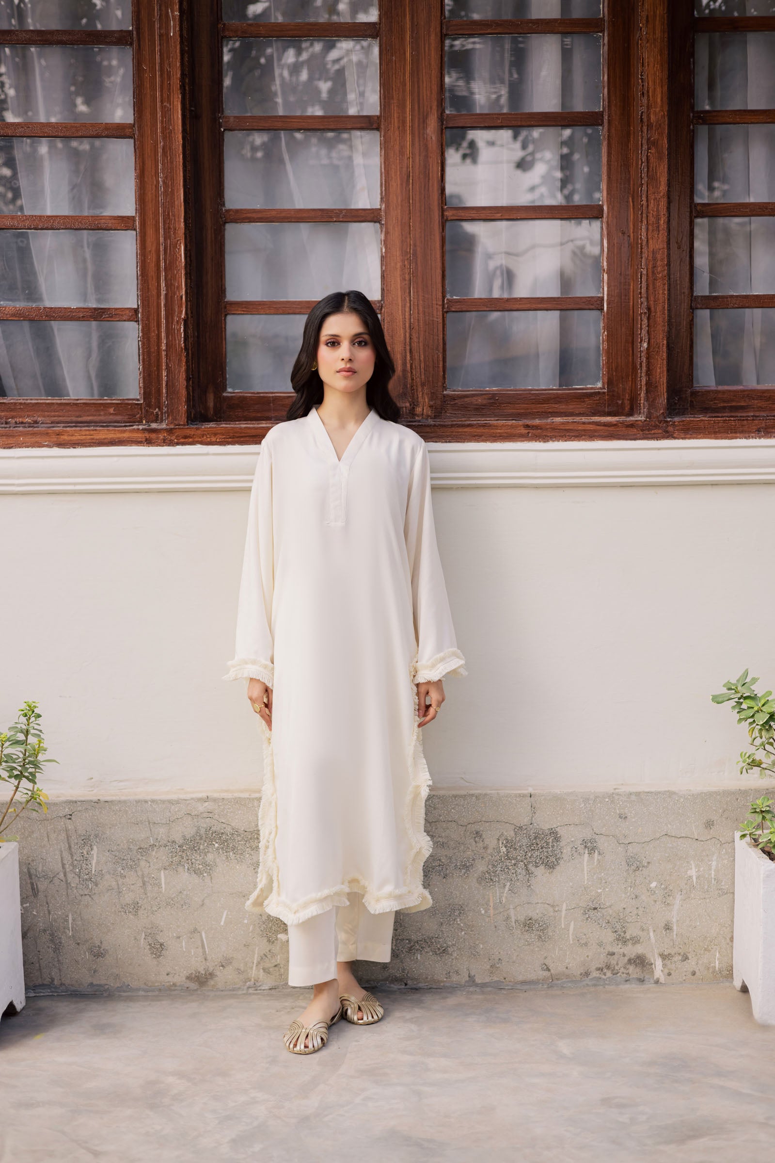 Solid Lace Work Dress-Cream