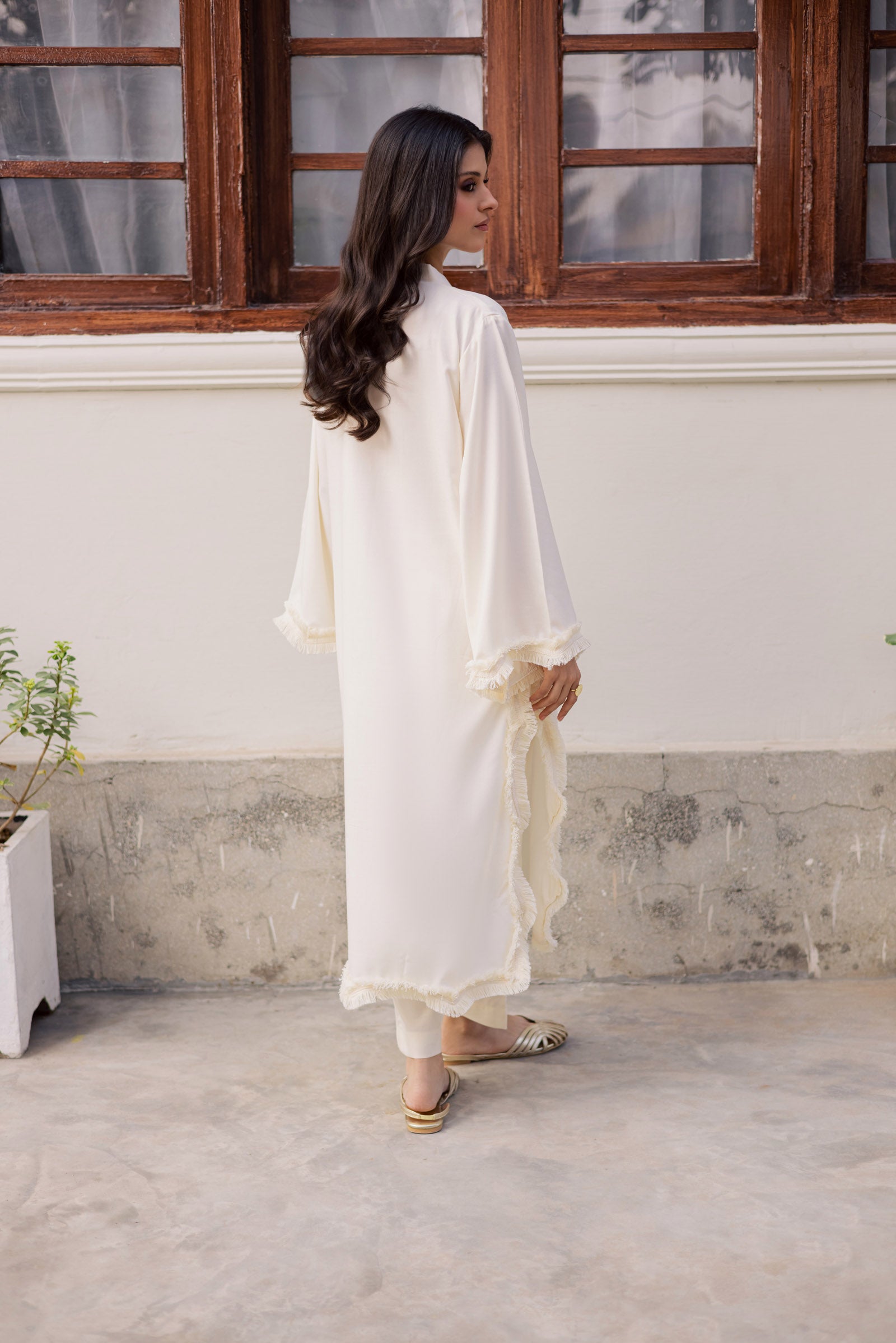 Solid Lace Work Dress-Cream